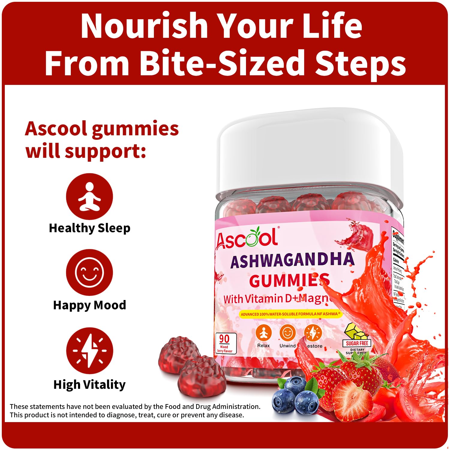Ascool Ashwagandha Gummies for Stress Support & Relaxation with Magnesium + Vitamin D – 90 Count Sugar-Free, Vegan Ashwa Supplements AscoolAu supplements