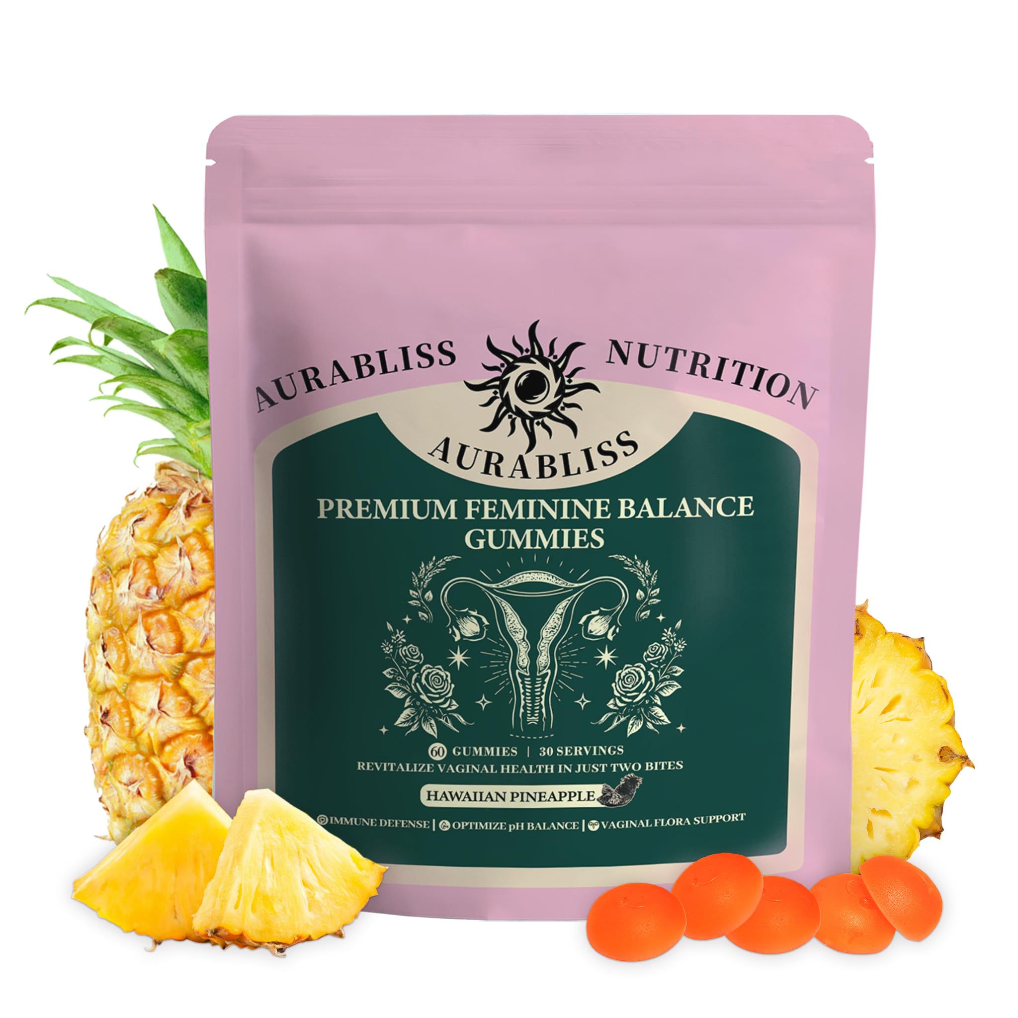 Premium Feminine Balance Gummies for Women - Hawaiian Pineapple Gummies for Women PH Balance Wellness, Immune Support, Vegan Daily Supplement for Odor and Flora Health , 60 Counts - 30 Servings AurablissAu supplements