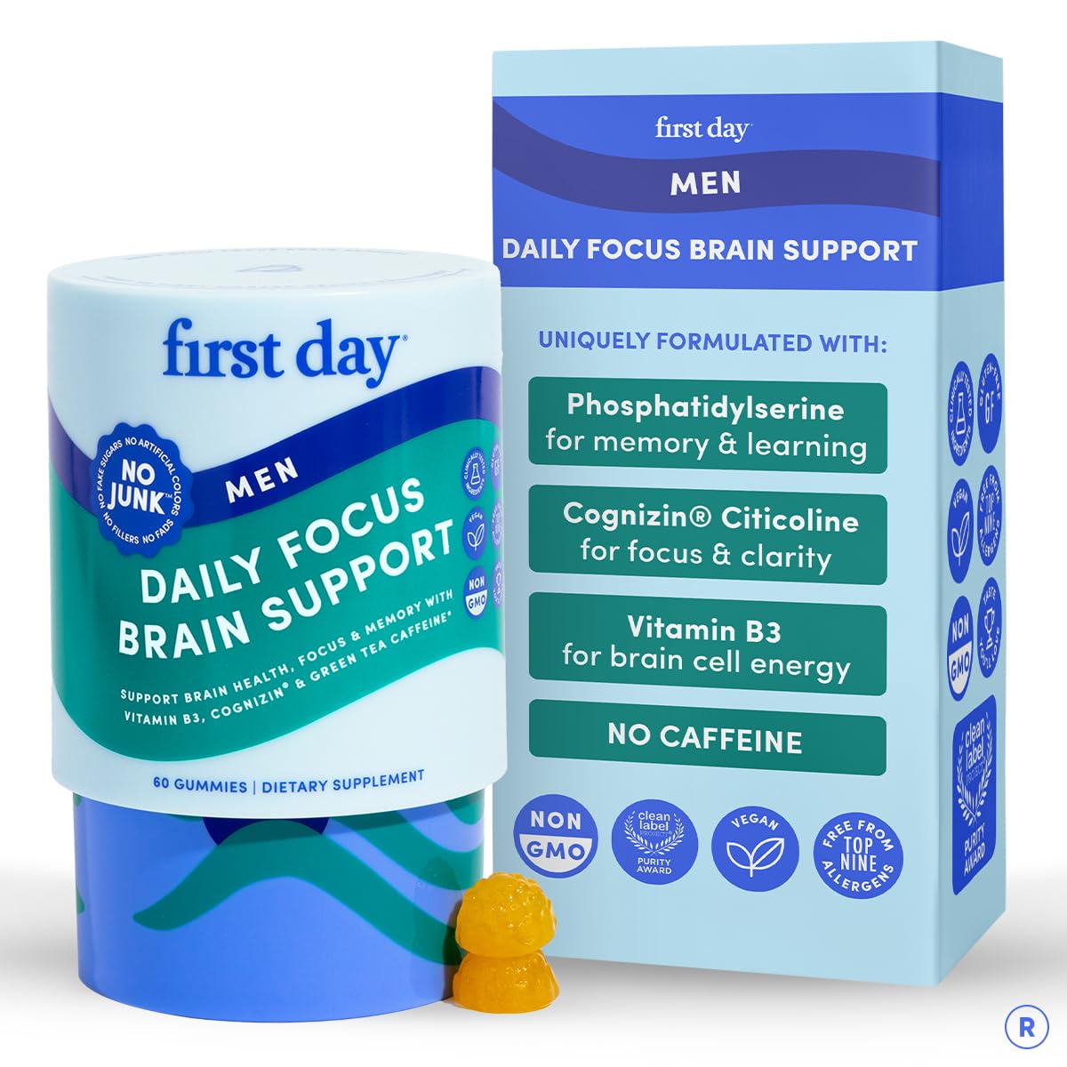 FIRST DAY Men’s Daily Nootropic Brain Supplement Gummies for Focus, Memory & Mental Energy | with Cognizin® Citicoline, Phosphatidylserine & Natural Caffeine | Vegan, Allergen-Free | 30-Day Supply FIRST DAYAu supplements