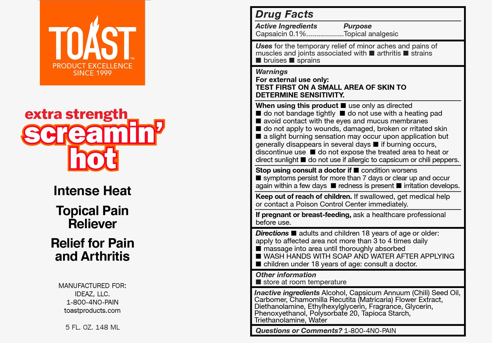 Toast Extra Strength Screamin Hot Intense Heat Topical Pain Relief Cream for Muscles and Joints - 5 Ounces ToastAu supplements