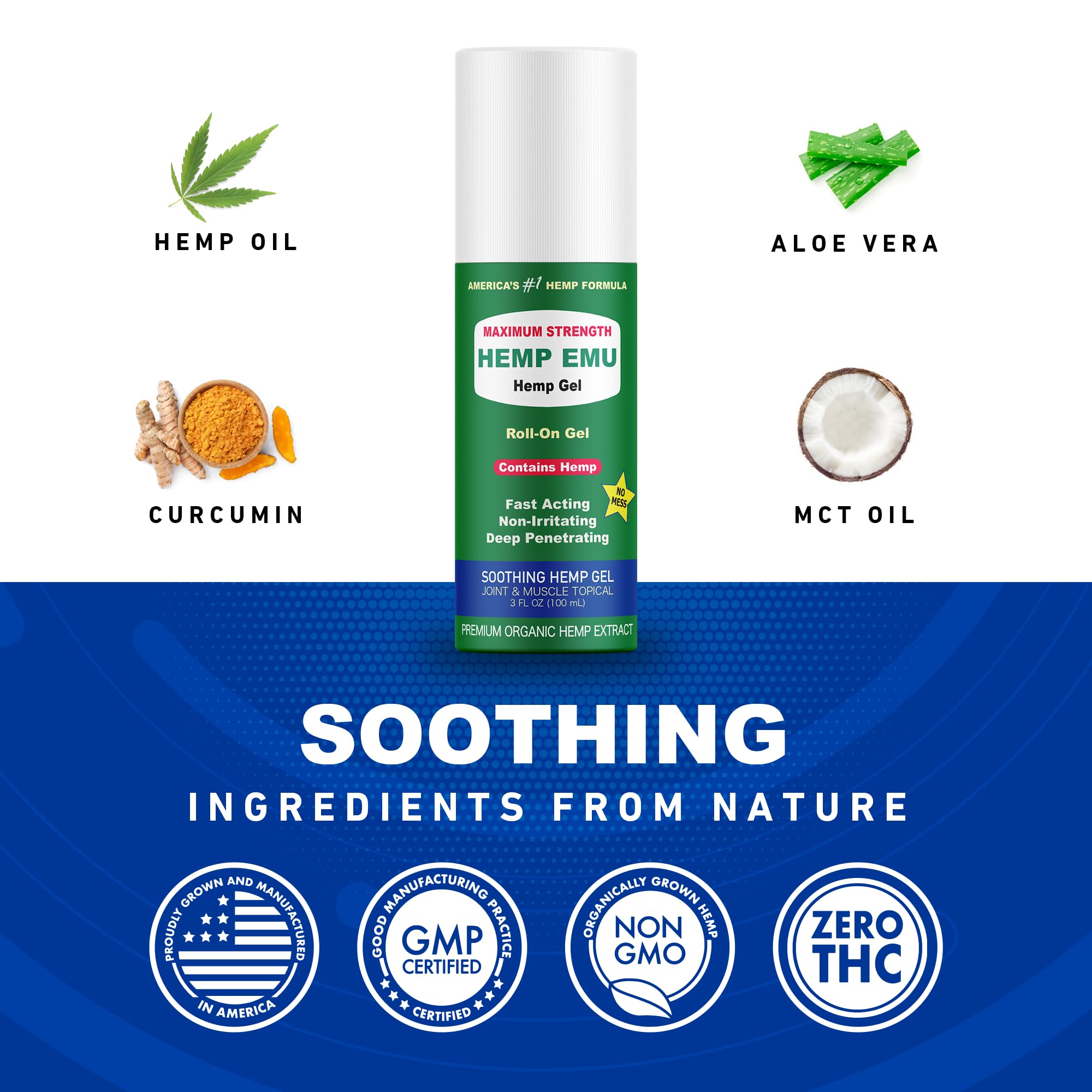 Hemp Emu - Hemp Roll On Gel - Muscle Rub for Back & Joint Discomfort - Soothing Gel with Organic Hemp Oil, Emu Oil, Menthol, Eucalyptus, Aloe Vera Hemp EmuAu supplements