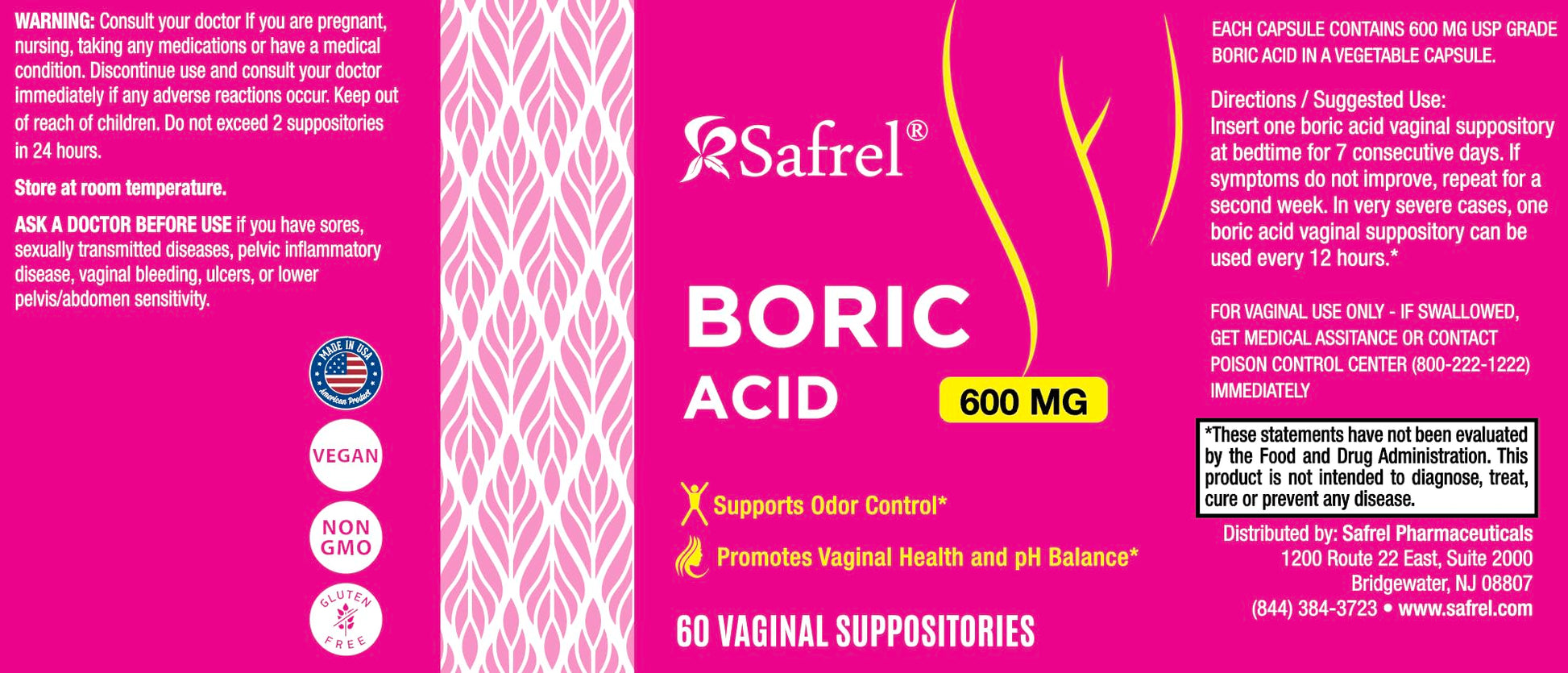 Safrel Boric Acid Vaginal Suppositories - 100% Pure Made in USA - Intimate Health Support, Vaginal Health and pH, Odor Control (60 Count) SafrelUS supplements