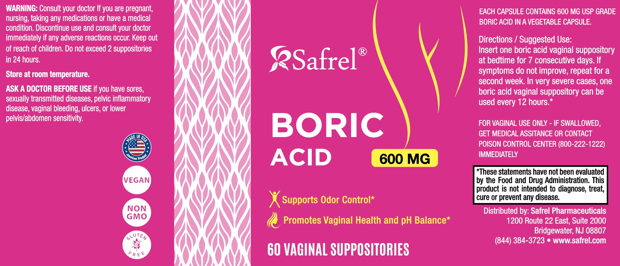 Safrel Boric Acid Vaginal Suppositories - 100% Pure Made in USA - Intimate Health Support, Vaginal Health and pH, Odor Control (60 Count) SafrelUS supplements
