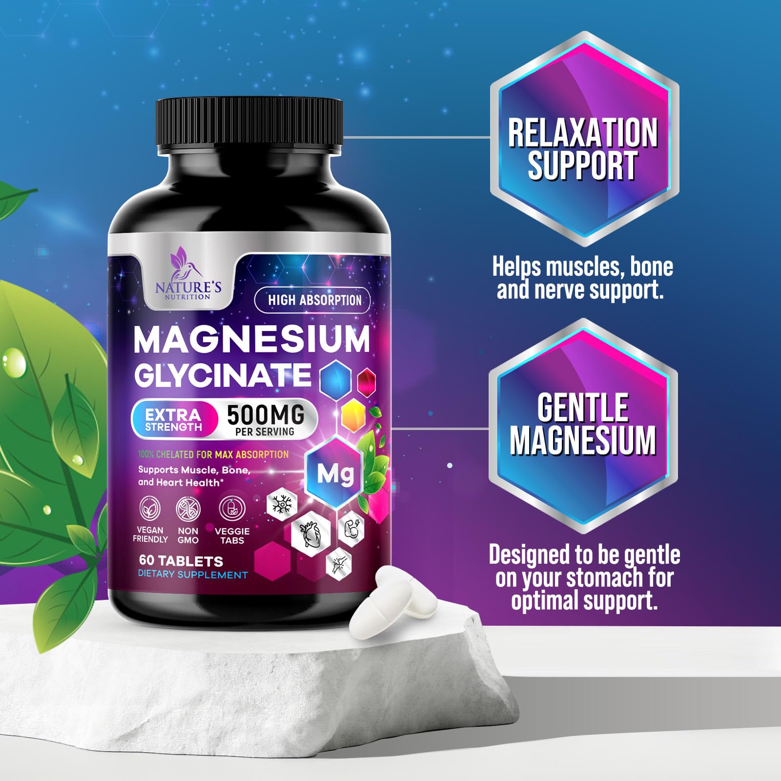 Magnesium Glycinate Supplement - 500mg Magnesium Per Serving - 100% Chelated & Purified - Supports Sleep, Heart Health, & Muscle Strength - Best Absorption Magnesium, Bottled in USA - 60 Tablets Nature's NutritionAu supplements