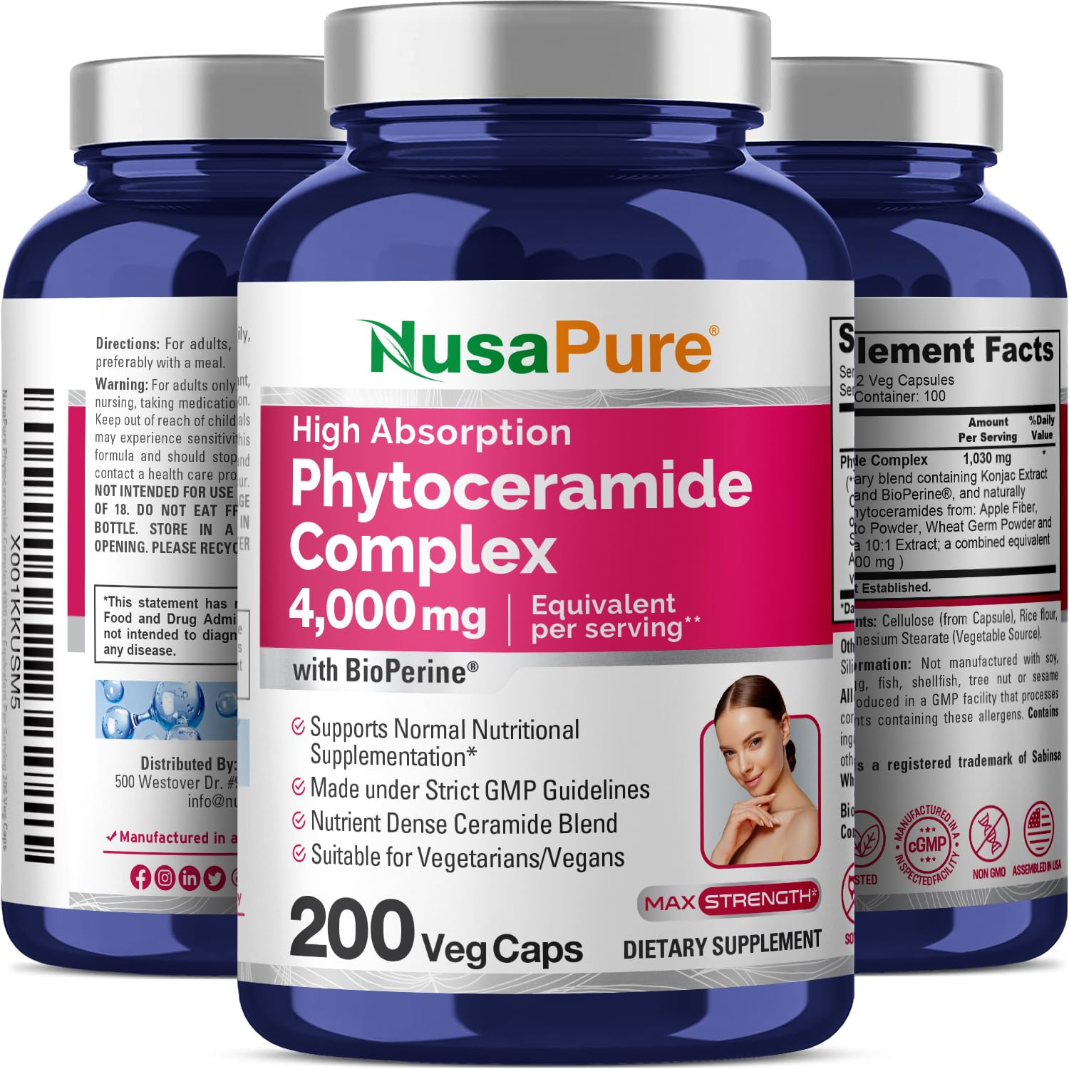 NusaPure Phytoceramide Complex 10:1 Extract, 1030 mg Equivalent to 4000 mg 200 Veggie Capsules (Non-GMO) Bioperine NusaPureAu supplements
