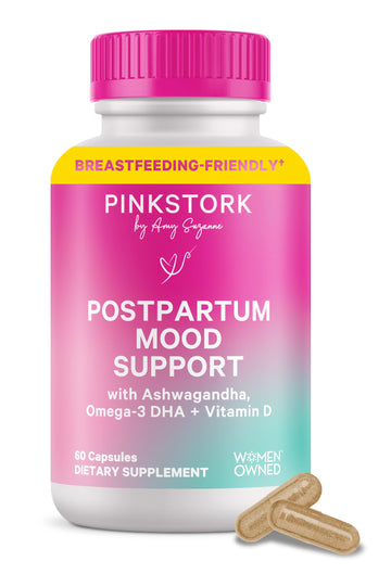 Pink Stork Postpartum Mood Support - Postnatal Hormone Balance for Women - Breastfeeding Friendly - Stress & Cognitive Support, New Mom Essentials - Ashwagandha, Chamomile, & Vitamin D, 60 Capsules Pink StorkAu supplements
