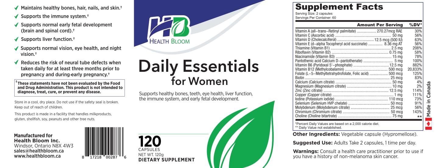 Daily Essentials for Women| 120 Capsules | Health Bloom | Vitamins and Minerals Capsules | Health Bloom Inc.Au supplements