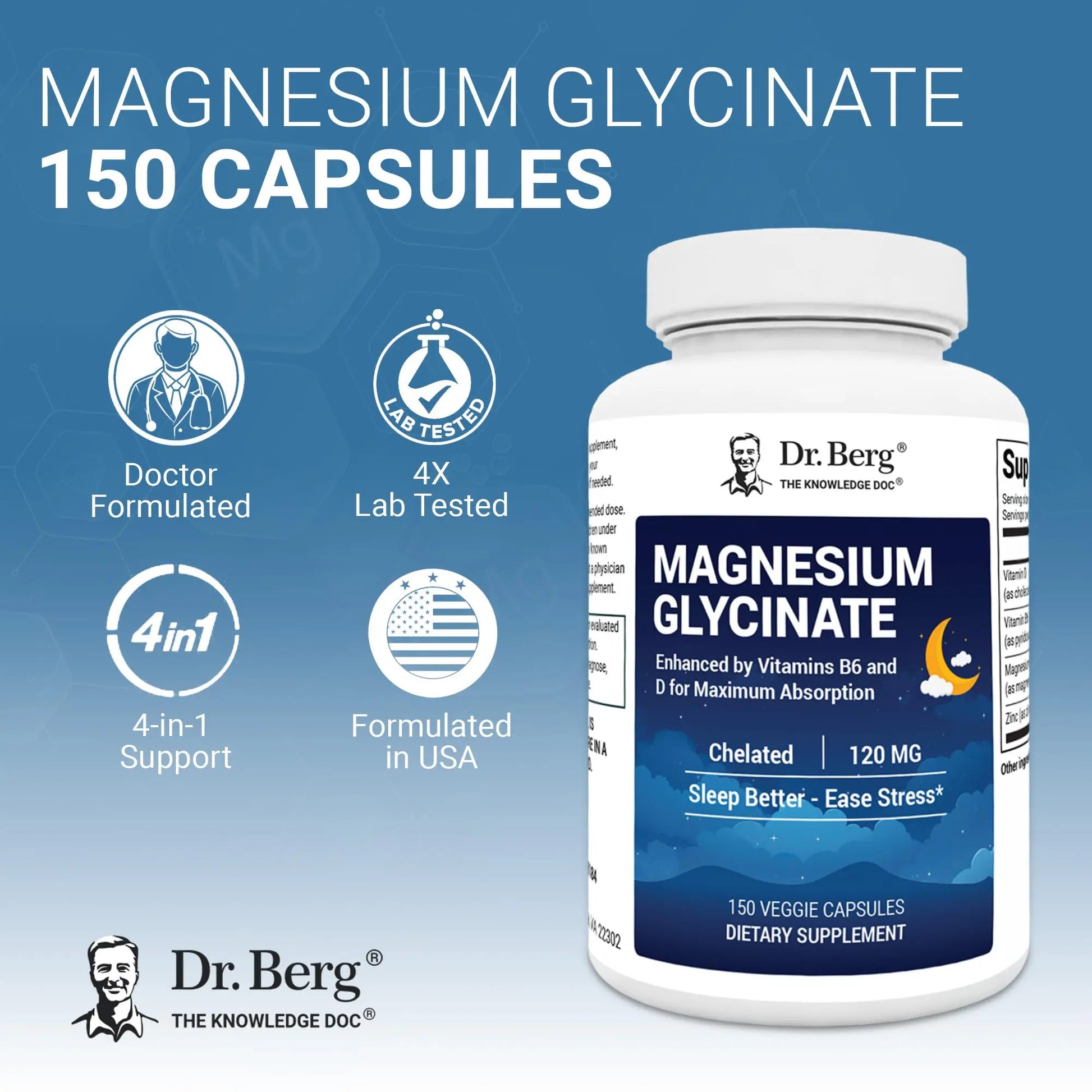 Dr. Berg Magnesium Glycinate 150ct – 4-in-1 Chelated for Muscle, Nerve, Sleep & Stress Support*– w/ D3, B6 & Zinc – 4X Lab-Tested – No Fillers – Formulated in USA, GMP-Certified Dr. Berg Nutritionalsnz supplements