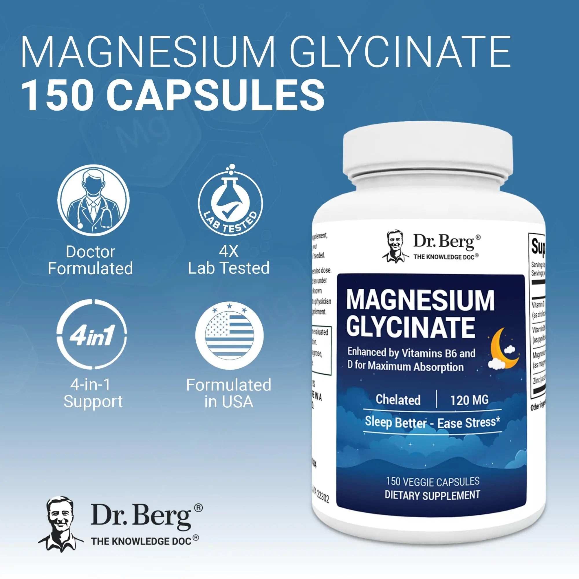 Dr. Berg Magnesium Glycinate 150ct – 4-in-1 Chelated for Muscle, Nerve, Sleep & Stress Support*– w/ D3, B6 & Zinc – 4X Lab-Tested – No Fillers – Formulated in USA, GMP-Certified Dr. Berg Nutritionalsnz supplements