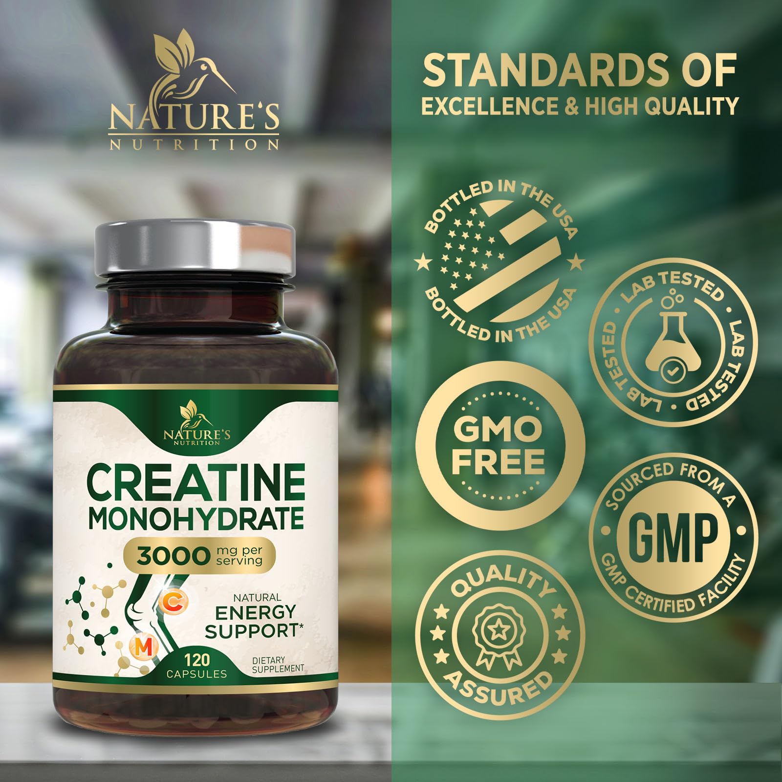 Creatine Monohydrate Capsules 3000mg Per Serving – Micronized Creatine Powder - Supports Lean Muscle, Strength, Energy, & Endurance - Nature's Supplement, Non-GMO, Bottled in USA - 120 Capsules Nature's NutritionAu supplements