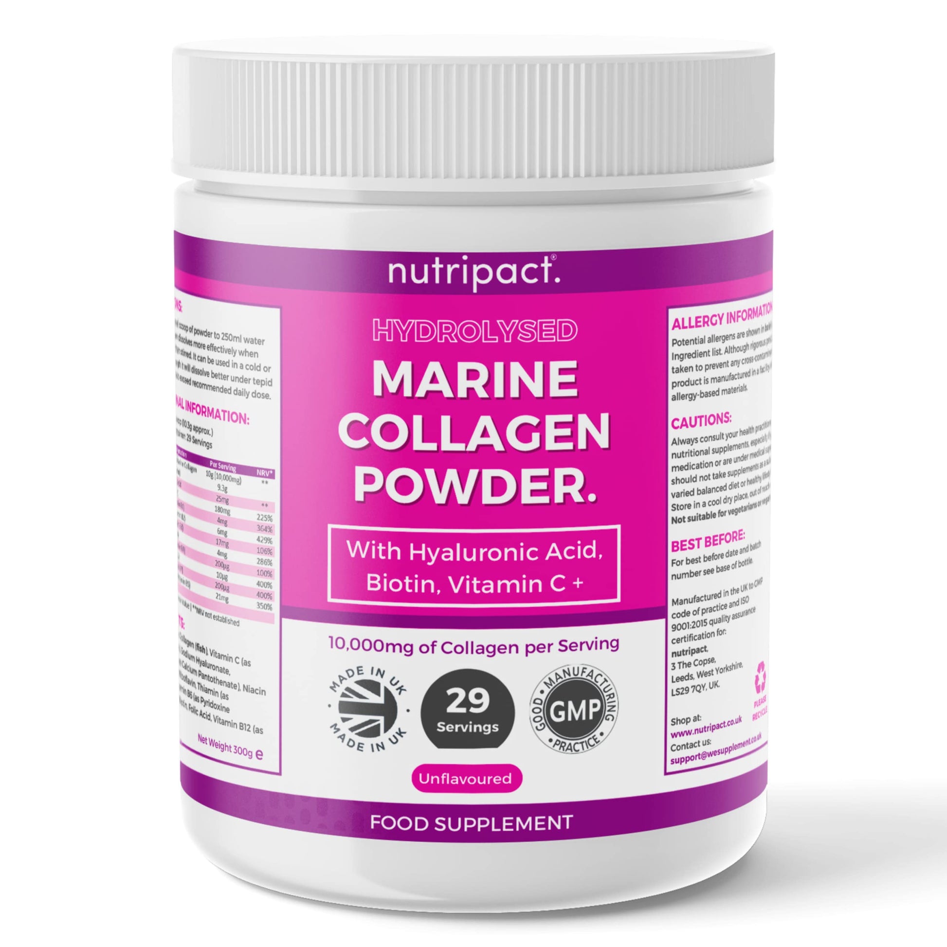 Hydrolysed Marine Collagen Peptides Powder with Hyaluronic Acid, Biotin, Vitamin C & B Vitamins – 10,000mg Collagen nutripactAu supplements