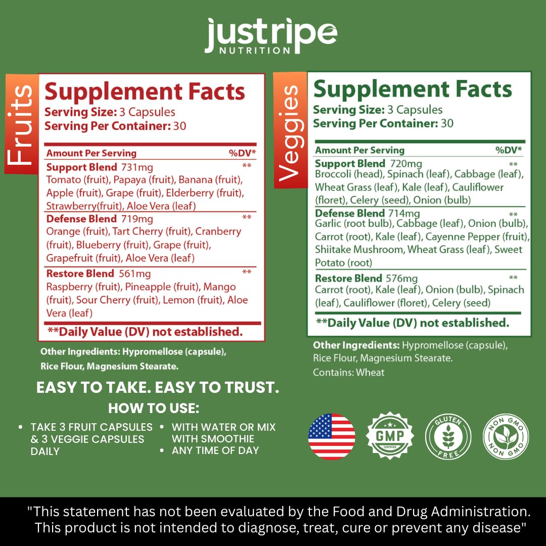 Fruits and Veggies Supplement - 90 Fruit and 90 Vegetable Capsules - 100% Whole Natural Superfood - Filled with Super Greens Vitamins and Minerals - Supports Balance Energy Levels (1 Pack) Just Ripe NutritionAu supplements