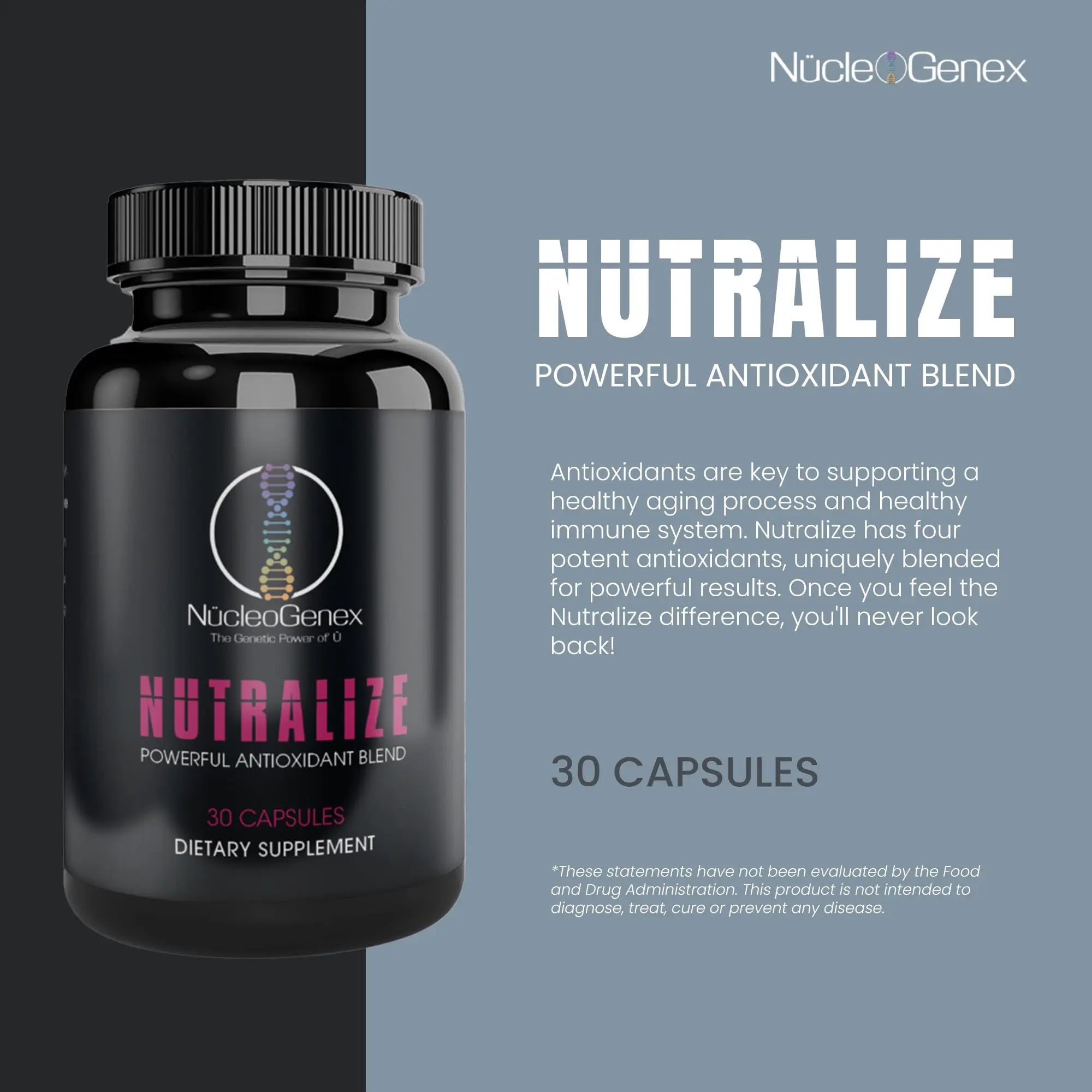 Nucleogenex - Nutralize - The Key to Supporting a Healthy Aging Process and Immune System - Potent Blend for Powerful Cell Protection - Xanthohumol, CurcuPrime, C-60 Complex, PureQQ - 30 Capsules NucleOGenexnz supplements