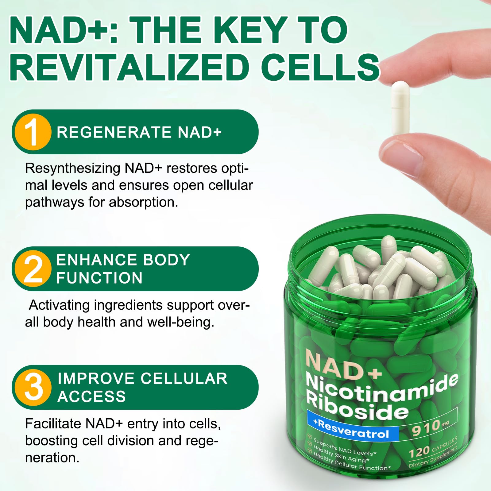 NAD Supplement 120 Capsules, Liposomal Nicotinamide Riboside, Resveratrol, Quercetin, NAD Nicotinamide Riboside Resveratrol 910mg for Women & Men, NAD Supplement for Anti Aging and Cell Regeneration RHBESTOKAu supplements