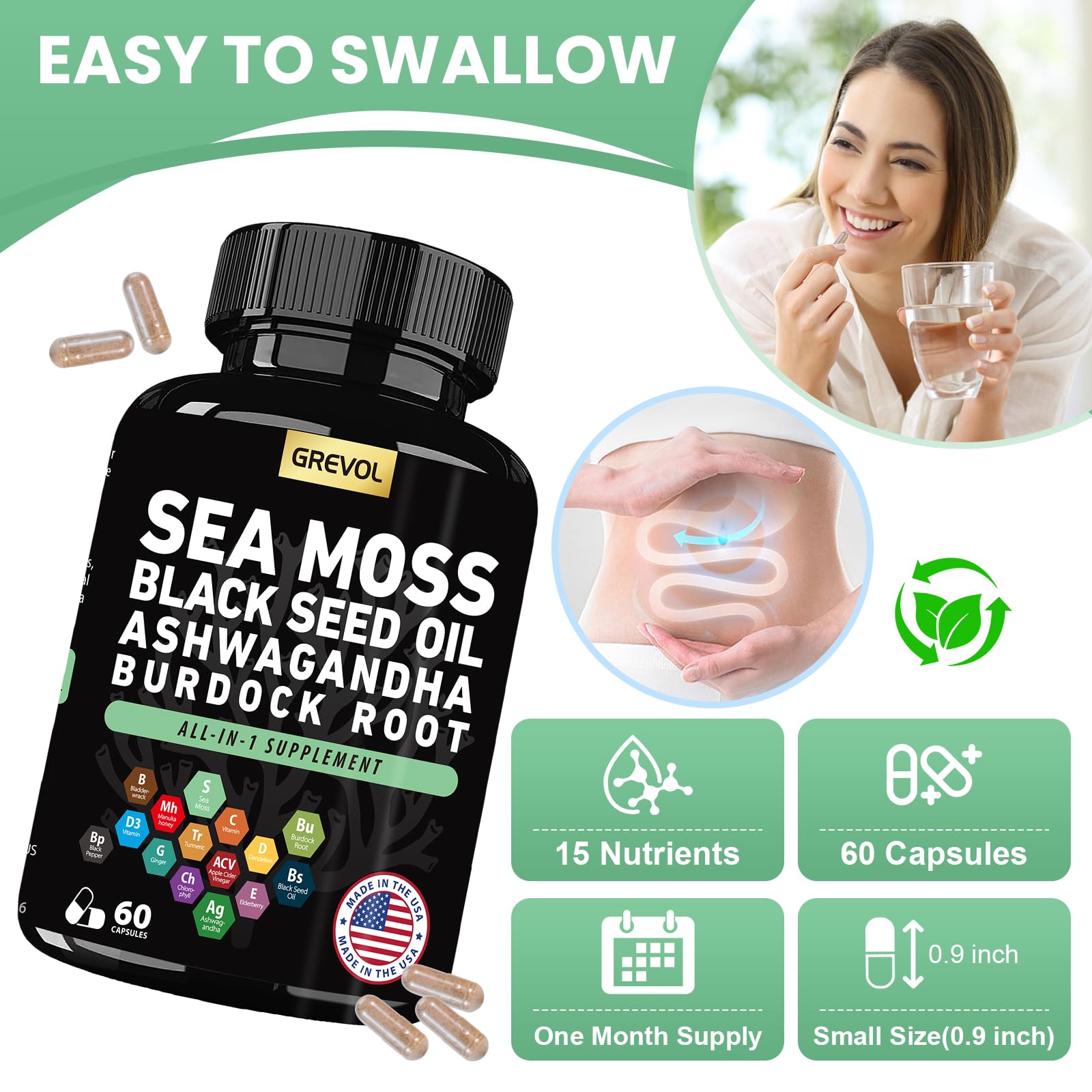 Sea Moss Black Seed Oil Ashwagandha Bladderwrack Burdock Root Turmeric & Vitamin C D3 Elderberry ACV Black Pepper - Multimineral Supplement - 60 Count GrevolAu supplements