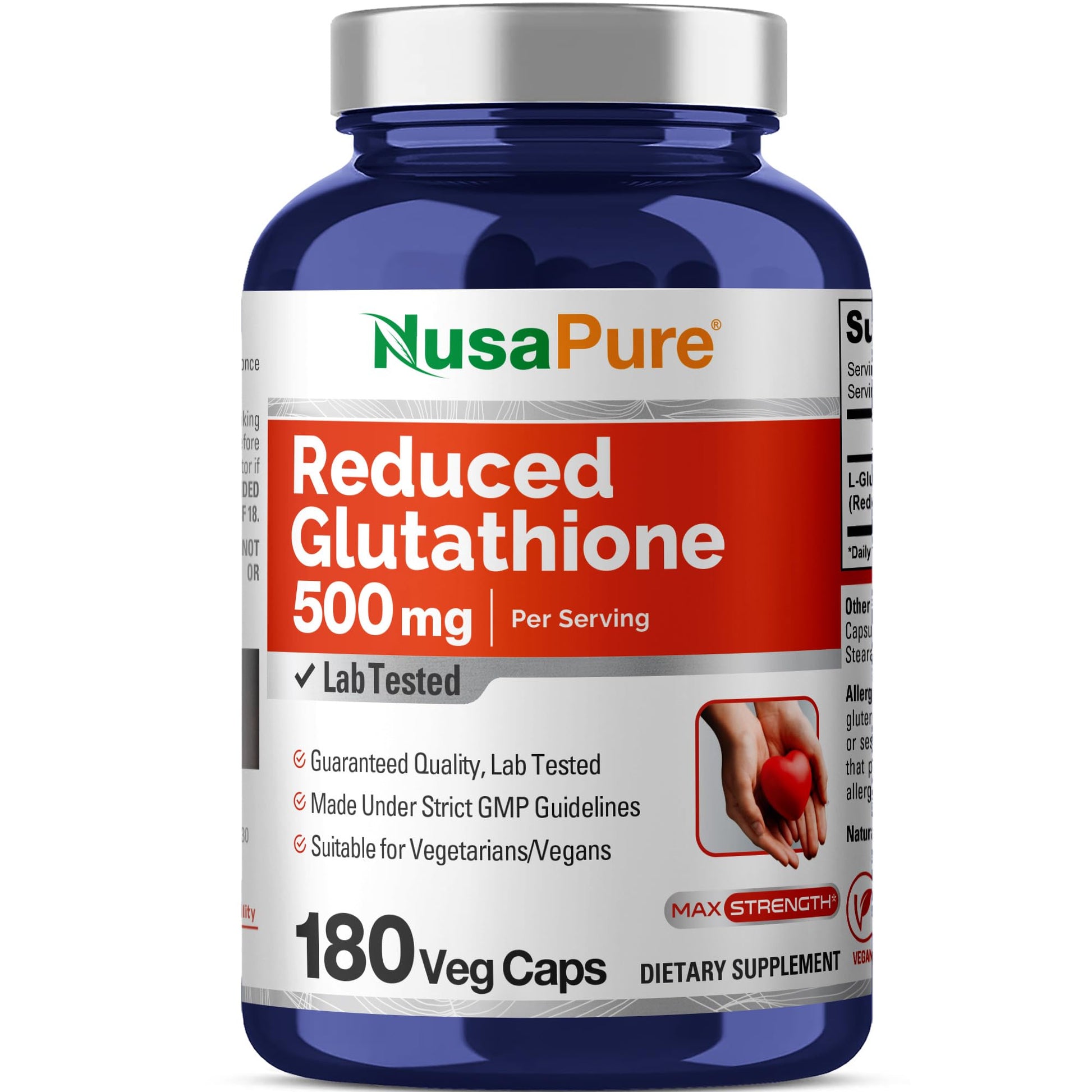 NusaPure Reduced Glutathione 500mg 180 Veggie Capsules (Vegan,Non-GMO) L-Glutathione NusaPureAu supplements