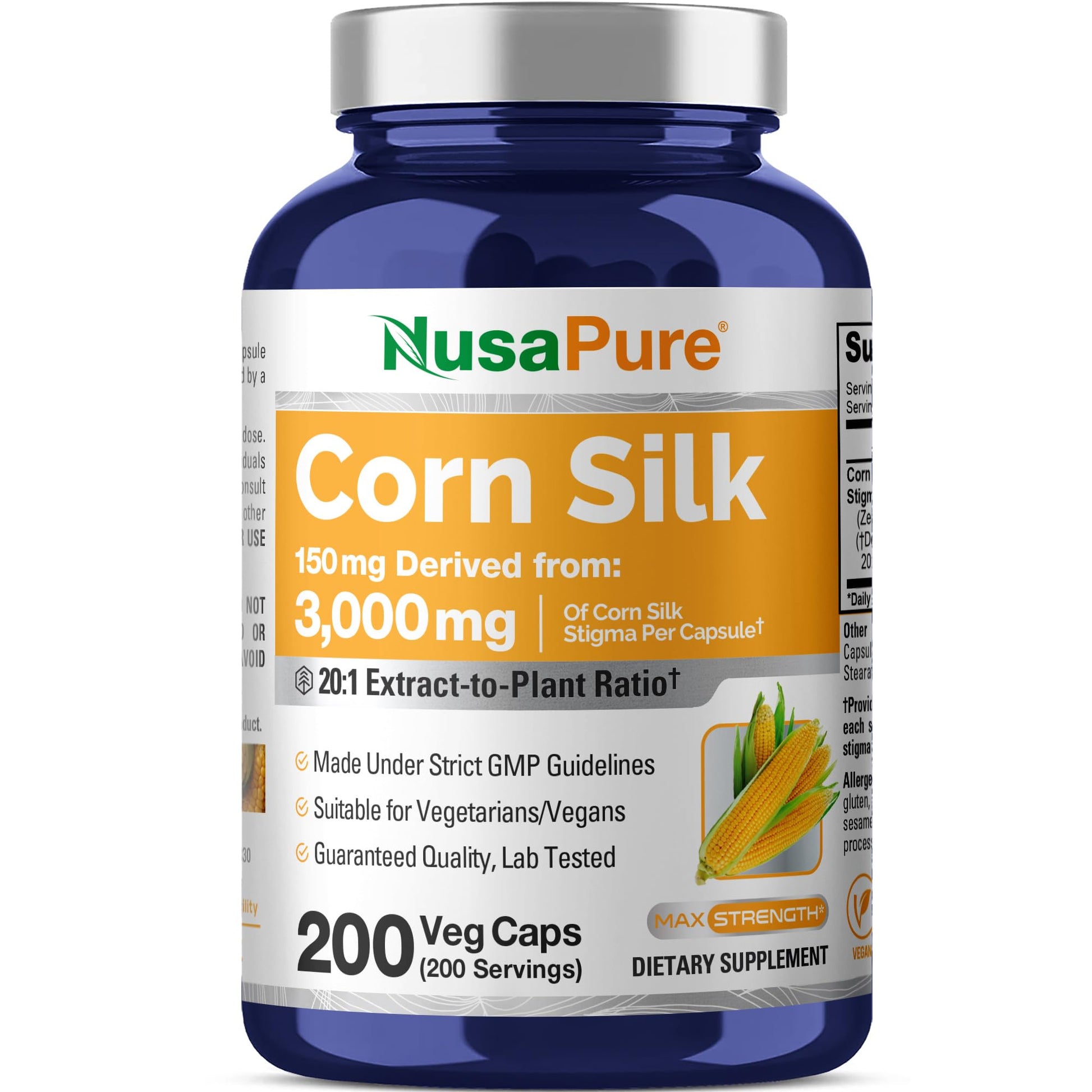 NusaPure Corn Silk Extract 3,000 mg per Caps - 200 Veggie Caps (100% Vegetarian, Non-GMO, Extract 20:1, Vegan) NusaPureAu supplements