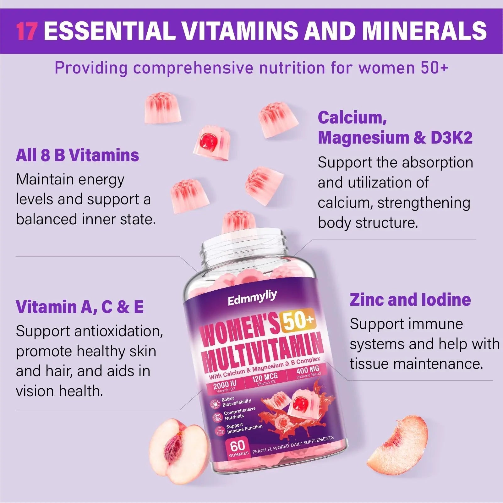 Womens Multivitamin Gummy 50 and Over - Chewable Multi Vitamin A, C, D3, E, K2 & B Complex, Folate, Biotin, Calcium, Magnesium EdmmyliyAu supplements