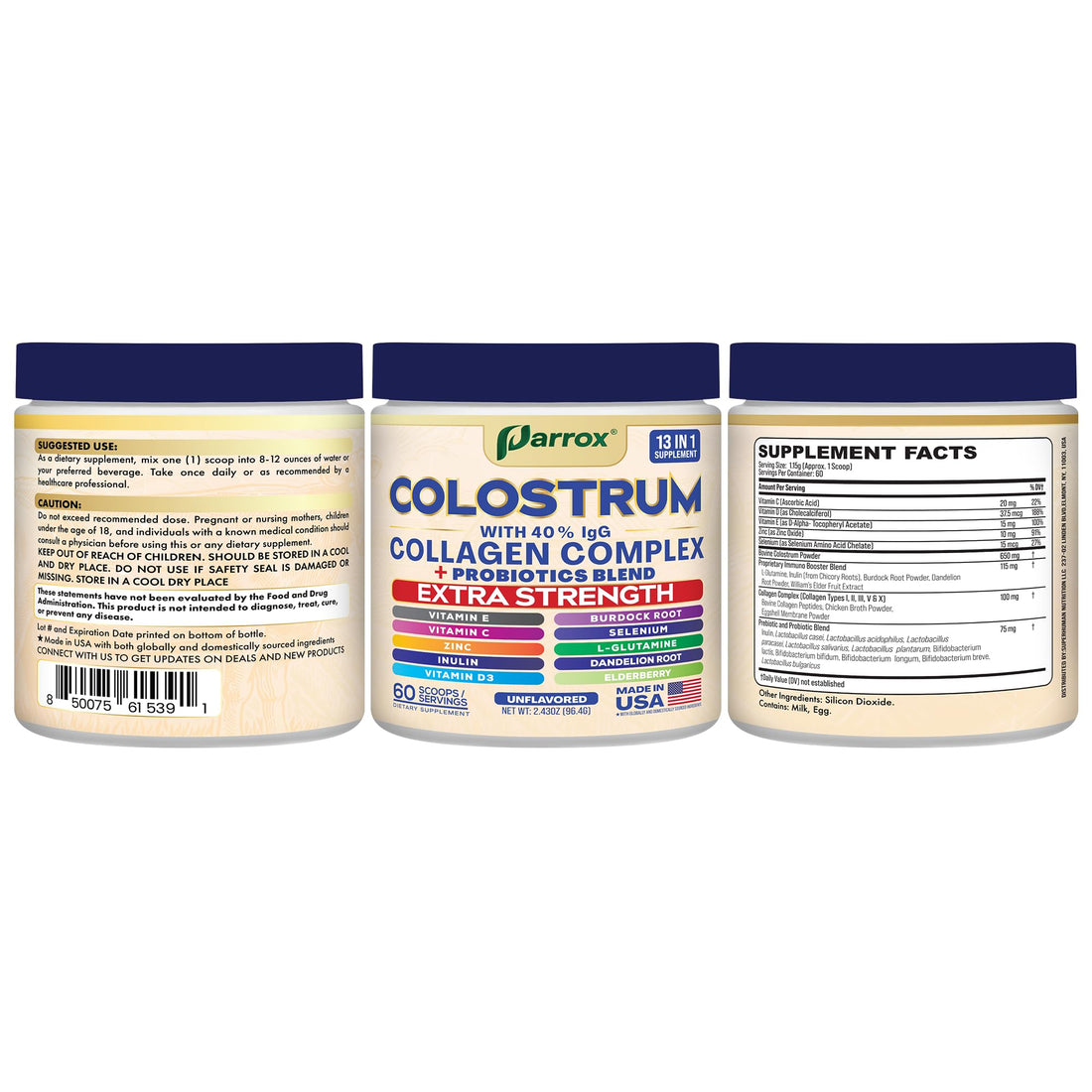 Parrox Colostrum Powder with 40% IgG, Collagen, Probiotics, Burdock Root, L-Glutamine, Elderberry, Vitamin C, Vitamin E, Vitamin D3, Inulin, Selenium, Dandelion Root, Zinc, 60 Servings (Unflavored) ParroxAu supplements