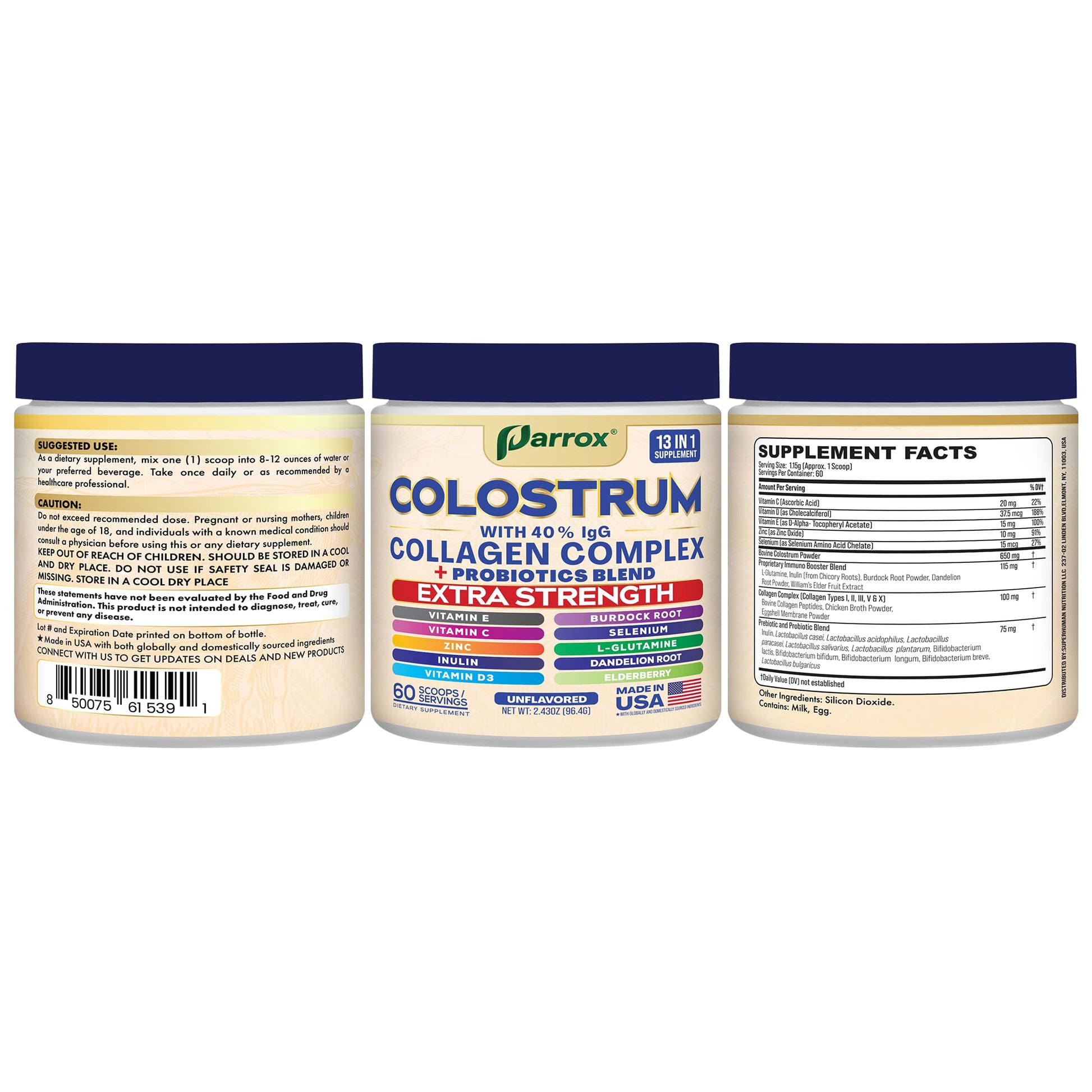 Parrox Colostrum Powder with 40% IgG, Collagen, Probiotics, Burdock Root, L-Glutamine, Elderberry, Vitamin C, Vitamin E, Vitamin D3, Inulin, Selenium, Dandelion Root, Zinc, 60 Servings (Unflavored) ParroxAu supplements
