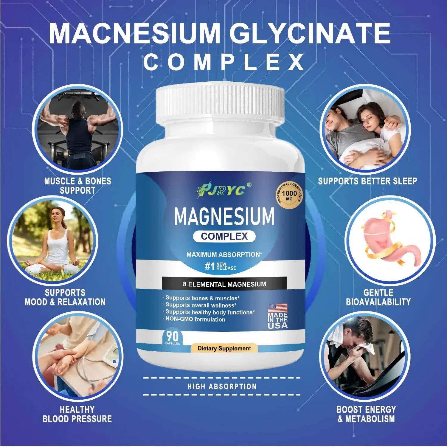 Magnesium Complex Supplement - 1000mg with 8 Magnesium Forms: Glycinate, Citrate, Malate, Taurate & Orotate - Supports Muscle Function, Bone Strength & Relaxation - Vegan, Non-GMO - 180 Capsules PJRYCnz supplements