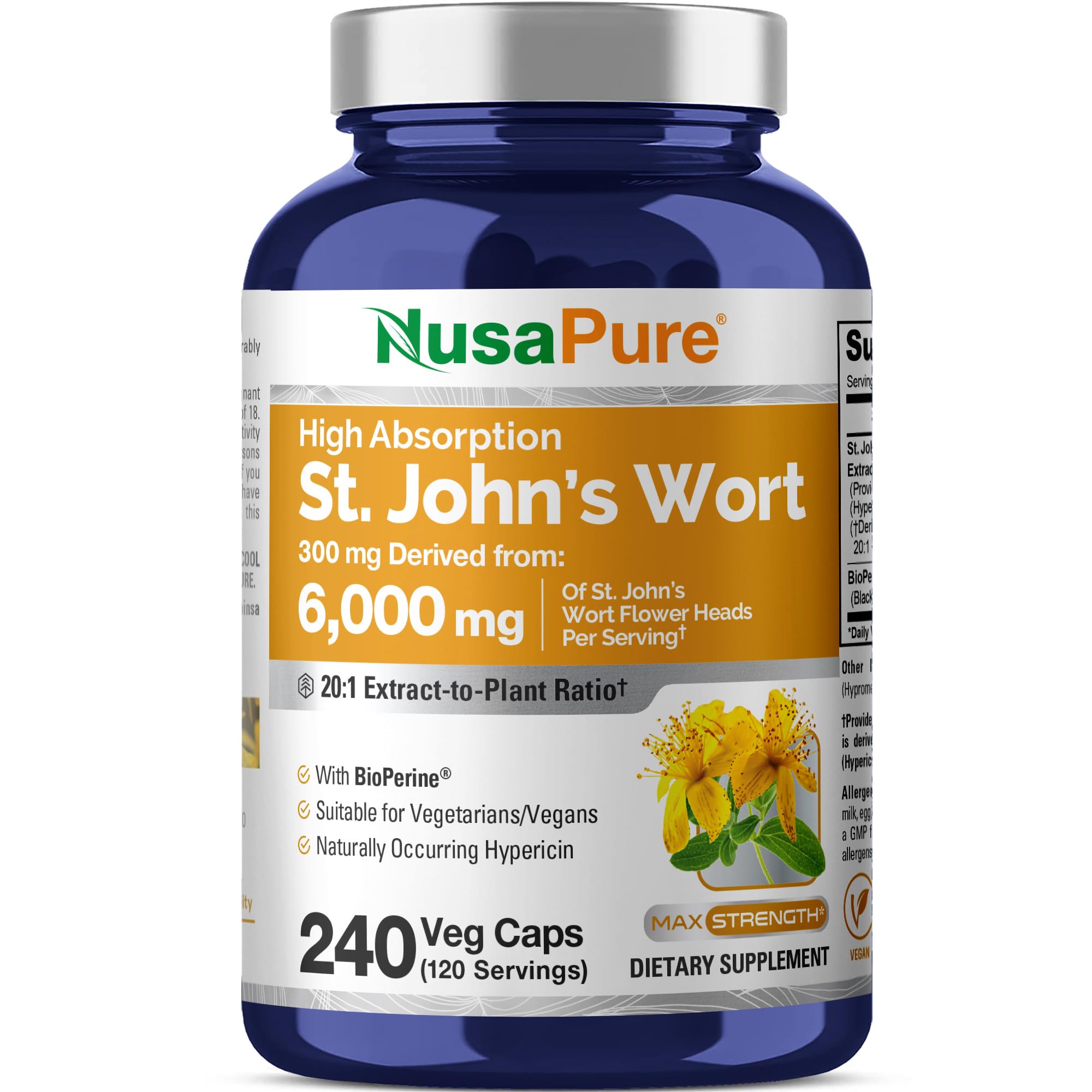NusaPure St. John's Wort 20:1 Extract, 300 mg Equivalent to 6,000mg 240 Veggie Capsules (Vegetarian, Non-GMO & Vegan) Bioperine NusaPureAu supplements