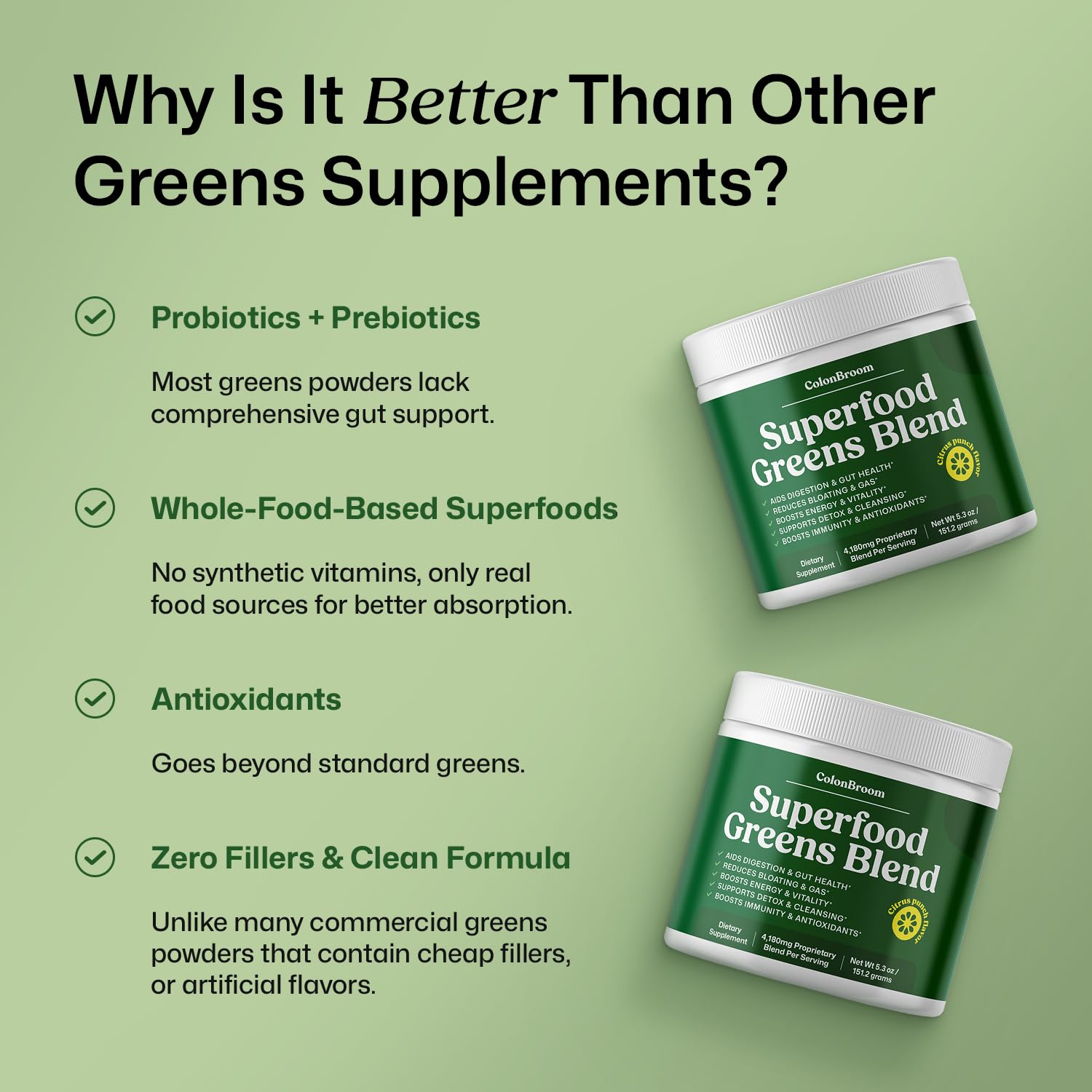 ColonBroom Superfood Greens Powder Supplement | Super Greens Juice Powder with Probiotics, Prebiotics, Spirulina & Chlorella | Natural for Energy, Immunity, Digestion & Detox Support | 28 Servings ColonBroomAu supplements