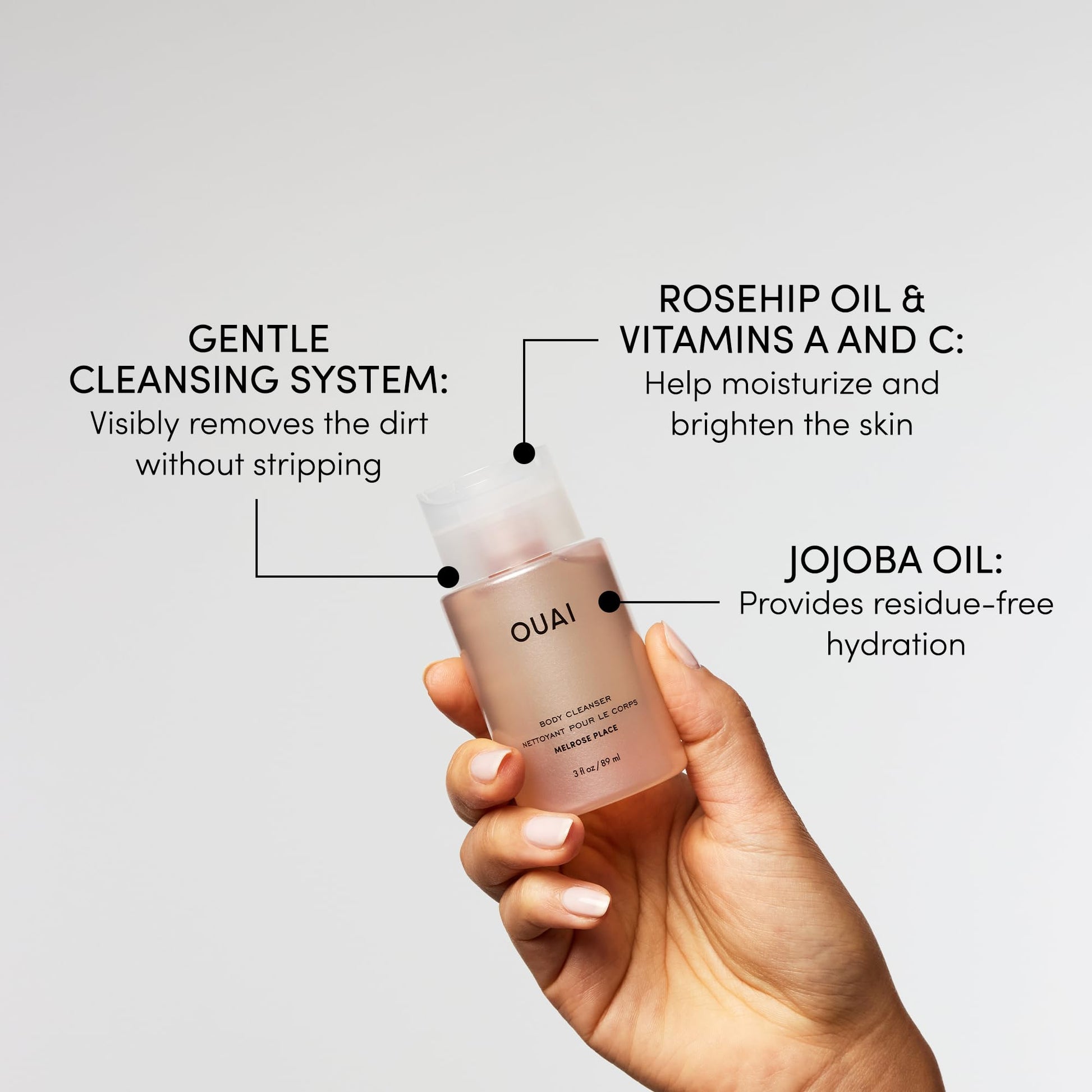 OUAI Body Cleanser Travel Size, Melrose Place - Foaming Body Wash with Jojoba Oil & Rosehip Oil to Hydrate, Balance & Soften Skin - Paraben, Phthalate, Sulfate Free Skin Care Products (3 Fl Oz) OUAIAu supplements