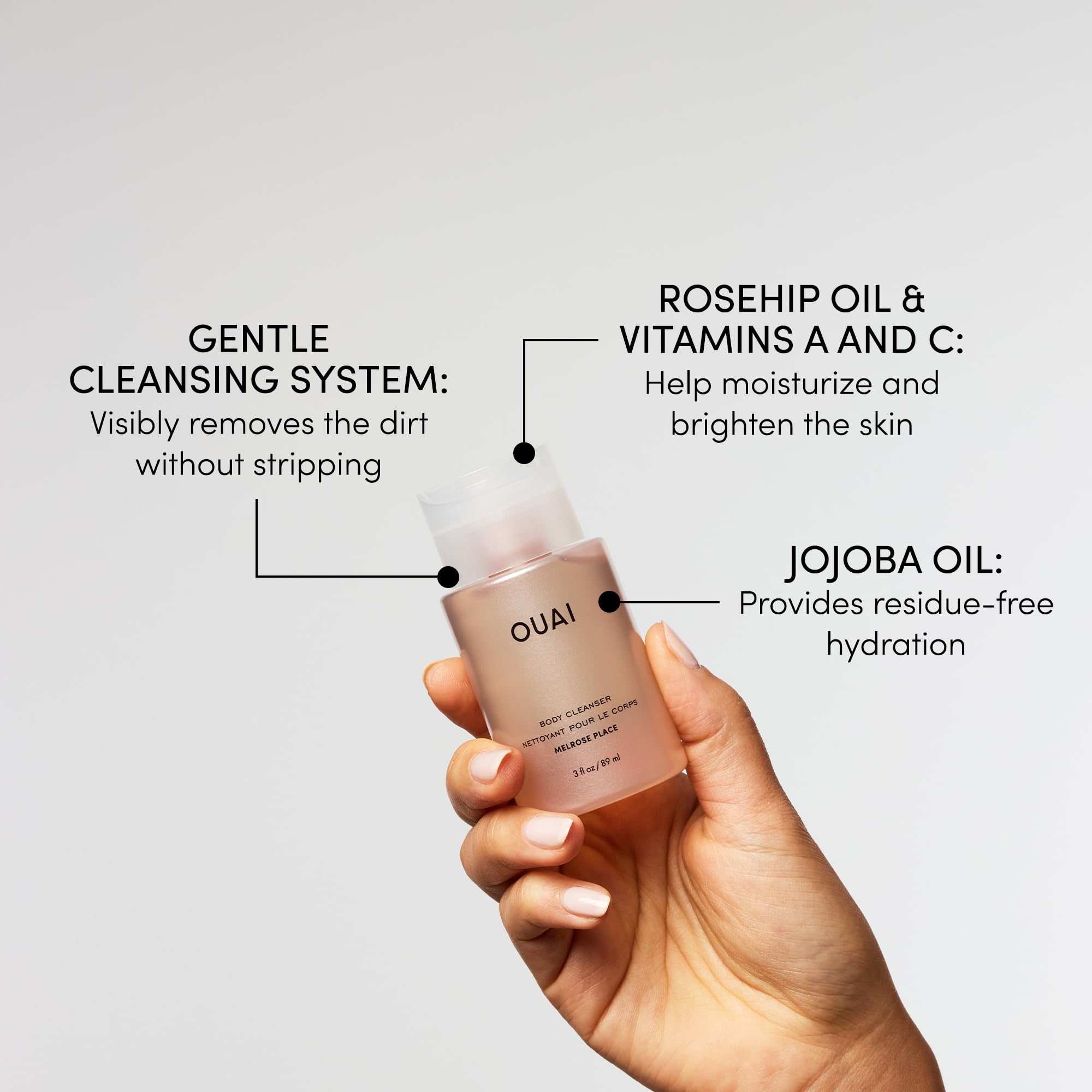 OUAI Body Cleanser Travel Size, Melrose Place - Foaming Body Wash with Jojoba Oil & Rosehip Oil to Hydrate, Balance & Soften Skin - Paraben, Phthalate, Sulfate Free Skin Care Products (3 Fl Oz) OUAIAu supplements
