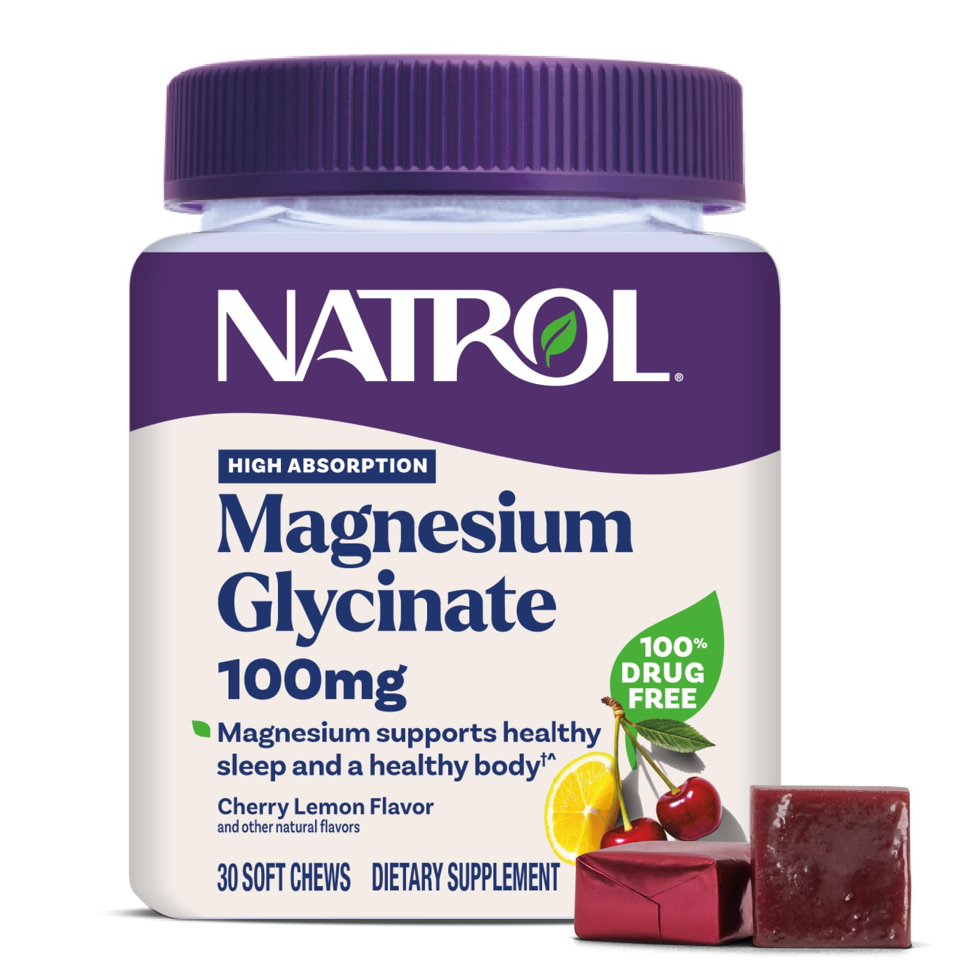 Natrol Magnesium Glycinate Supplements 100mg, Cherry Lemon Soft Chews for Healthy Sleep and Body, Magnesium Glycinate 100mg, Up to a 30 Day Supply NatrolAu supplements