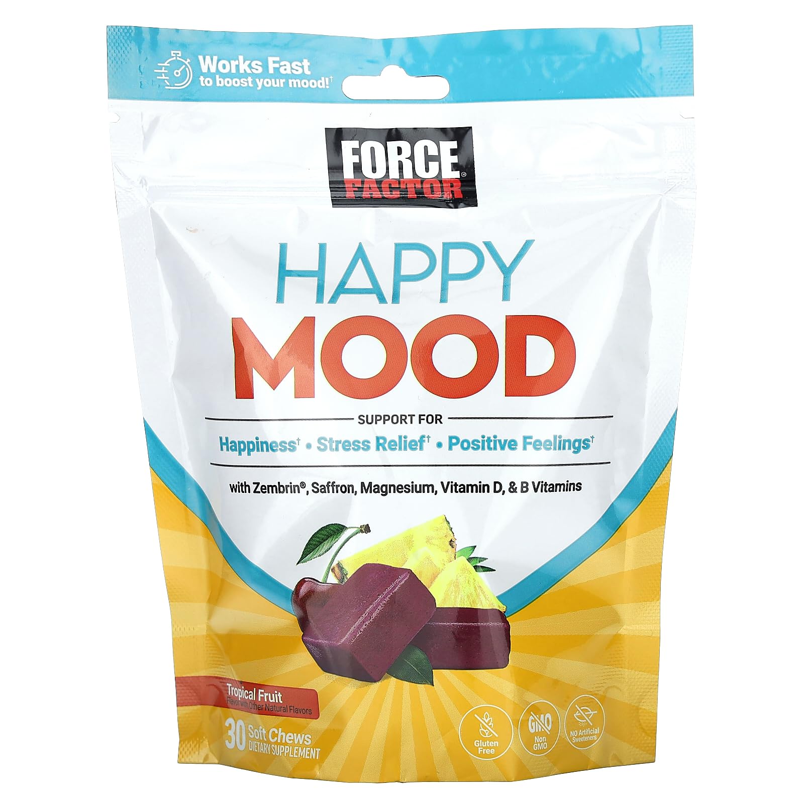 FORCE FACTOR Happy Mood, Mood Support and Mood Balance Supplement to Support Happiness, Positivity, and Stress, Made with Magnesium, Saffron, Zembrin, Non-GMO, Tropical Fruit Flavor, 30 Soft Chews Force FactorAu supplements