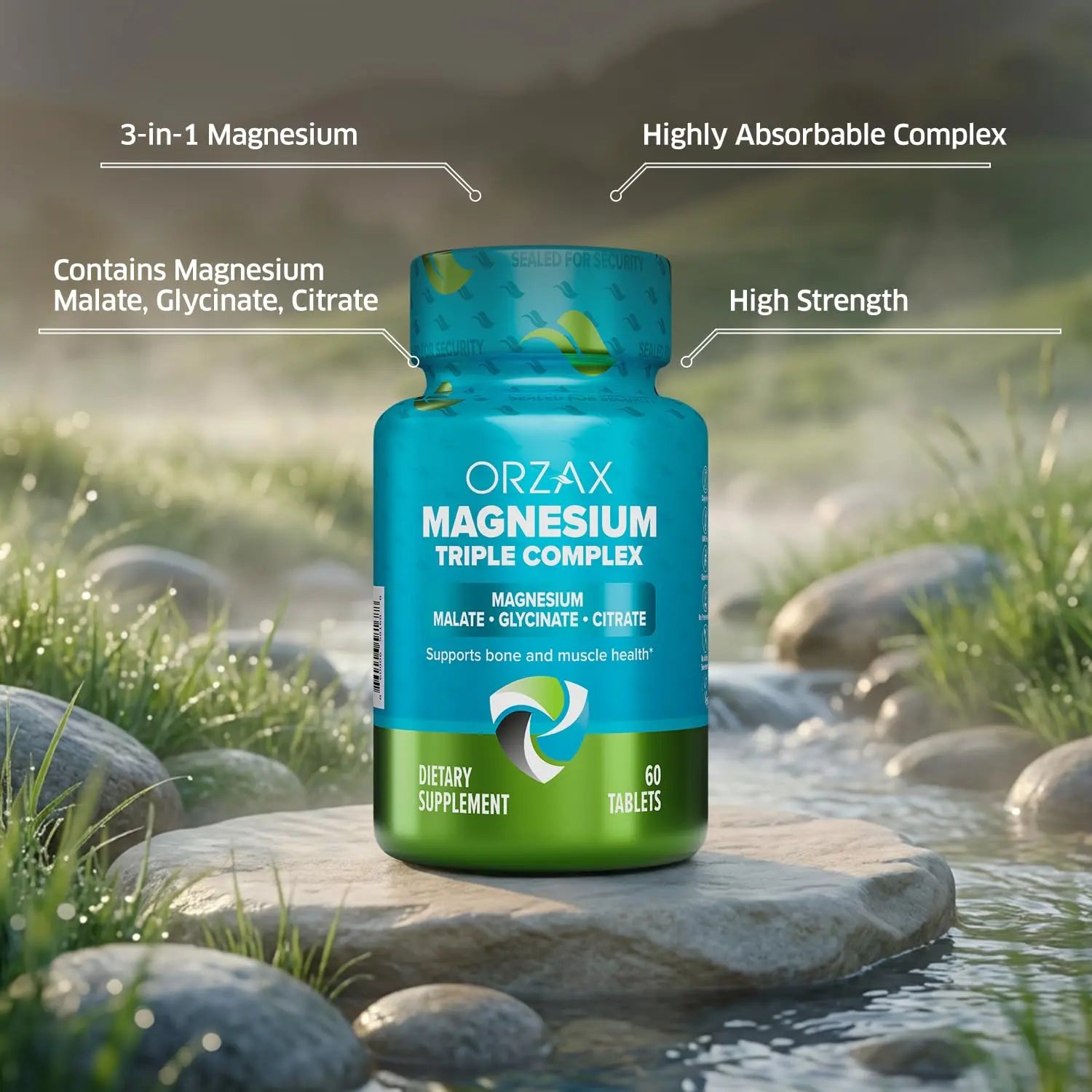 ORZAX Magnesium Triple Complex | Magnesium Glycinate, Citrate, Malate | Vegan, Gluten Free, Dairy Free, Halal | 200 mg of Triple Complex Magnesium for Muscles & Energy for Women and Men | 60 Tablets ORZAXnz supplements
