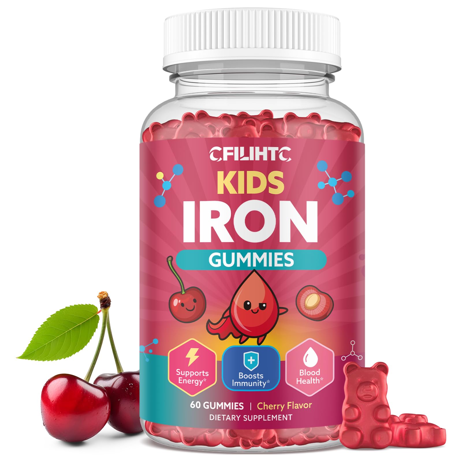 Iron Gummies for Kids & Teens, Kids Multivitamin with Iron Supplement, Calcium, Folate, Zinc, Prebiotic - for Blood Builder & Energy Support, Iron Deficiency - Vegan & Non-GMO - 60 Count Cherry CFILIHTCAu supplements
