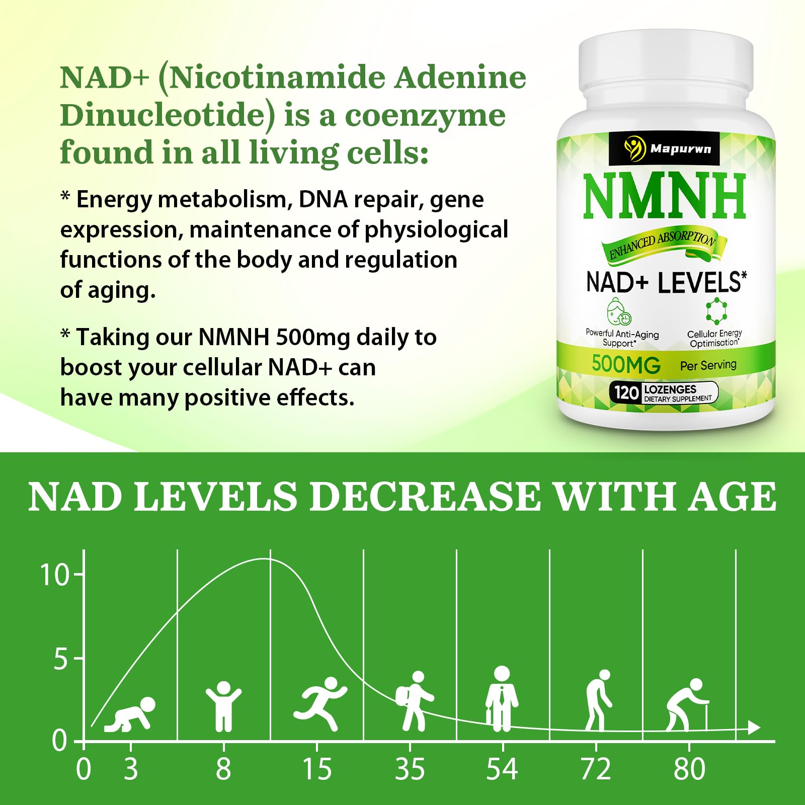 Mapurwn NMNH (Dihydronicotinamide Mononucleotide), NMN Supplement, 500mg per Serving NAD Supplement to Boost NAD+ Levels As We Age for Women & Men, Anti-Aging, Energy, Focus, 120 Count MapurwnAu supplements