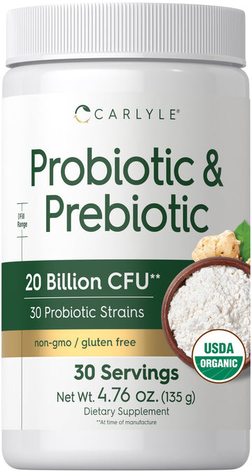 Carlyle Probiotic and Prebiotic Powder | 20 Billion CFU | 4.76 oz | Organic Fiber Blend | for Women and Men | Vegetarian, Non-GMO,