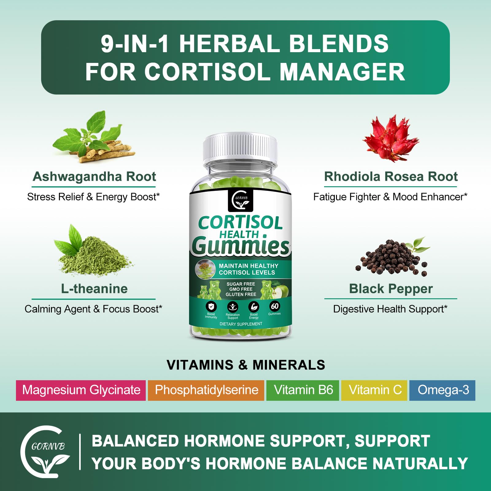 GORNVB Cortisol Gummies, Cortisol Supplement for Women with Magnesium, Ashwagandha, Rhodiola, Phosphatidylserine, L-Theanine, Black Pepper, Vitamin C & B6 - Relaxation, Focus, Sleep Support - 2 Pack GORNVBAu supplements