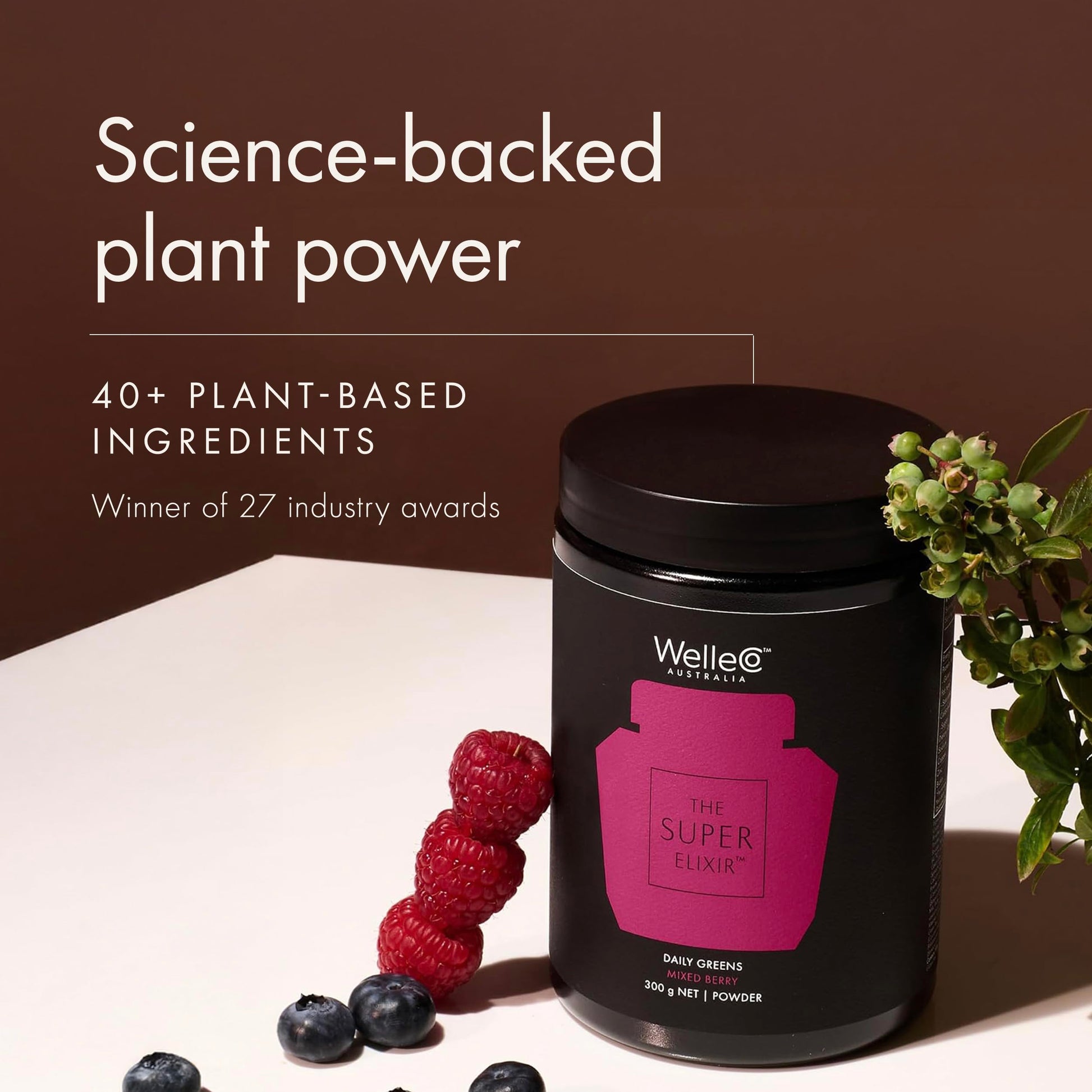 WelleCo The Super Elixir Daily Greens Powder, Probiotic Drink Mix with Whole Foods, Gluten Free, Vegan Gut Health Powder, Energy, Immunity, Healthy Skin, Hair & Nails (300g, Mixed Berry) WelleCoAu supplements