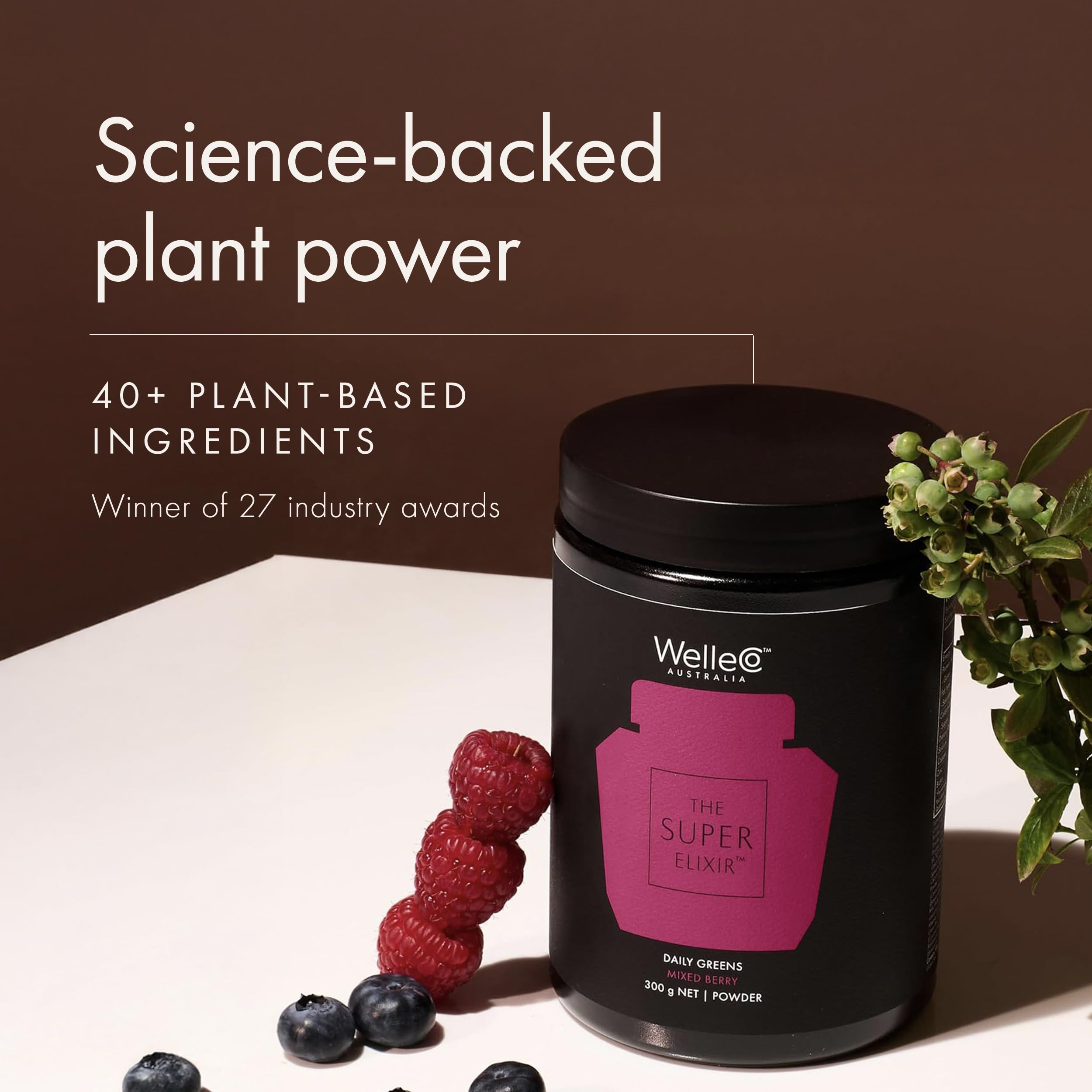 WelleCo The Super Elixir Daily Greens Powder, Probiotic Drink Mix with Whole Foods, Gluten Free, Vegan Gut Health Powder, Energy, Immunity, Healthy Skin, Hair & Nails (300g, Mixed Berry) WelleCoAu supplements