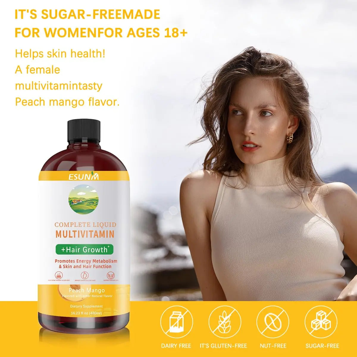 ESUNM Complete Liquid Multivitamin + Hair Growth, Promotes Energy Metabolism& Skin and Hair Function| Vitamin C D | B Vitamins | ESUNMAu supplements