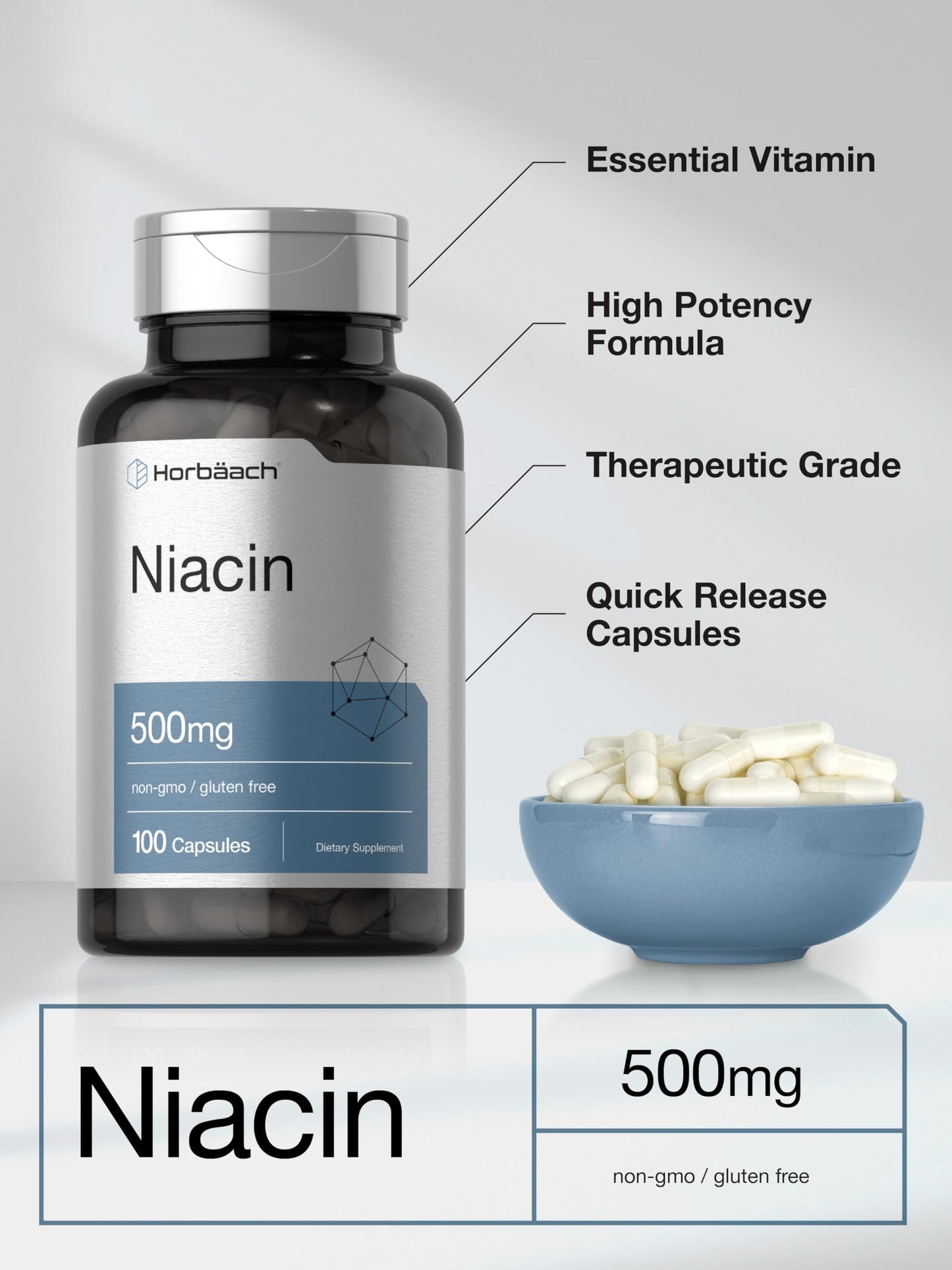 Niacin | Vitamin B3 500mg | 100 Capsules | with Flushing | Non-GMO, and Gluten Free HorbäachUS supplements