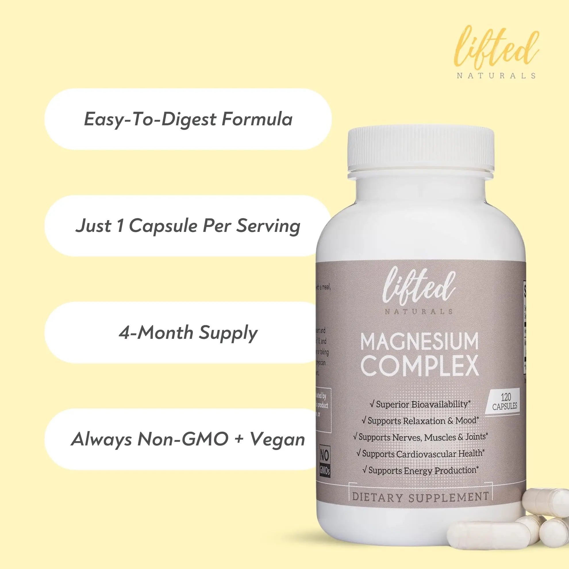 Magnesium Complex - Lifted Naturals Magnesium Supplement w/Bisglycinate, Malate, Taurate - 120 Capsules - Bioavailable Magnesium Formula for Mood, Sleep, Energy Support* Lifted Naturalsnz supplements