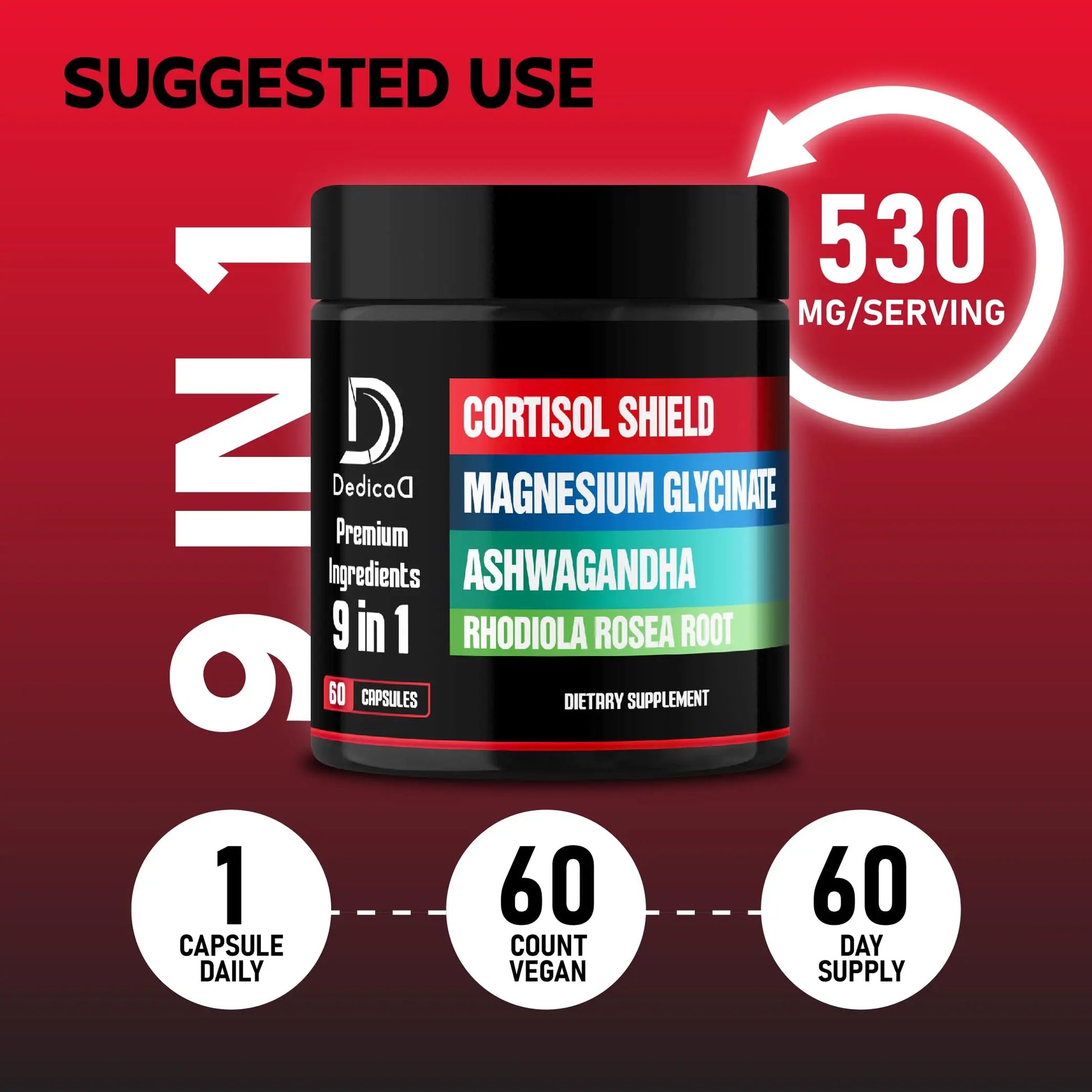 DEDICAD 9in1 Cortisol Shield - Magnesium Glycinate & Ashwagandha with Rhodiola, Phosphatidylserine, Passion Flower, L-Theanine, Apigenin, Licorice, Magnolia - Rest Well & Mood Balance - 60 Count DEDICADnz supplements