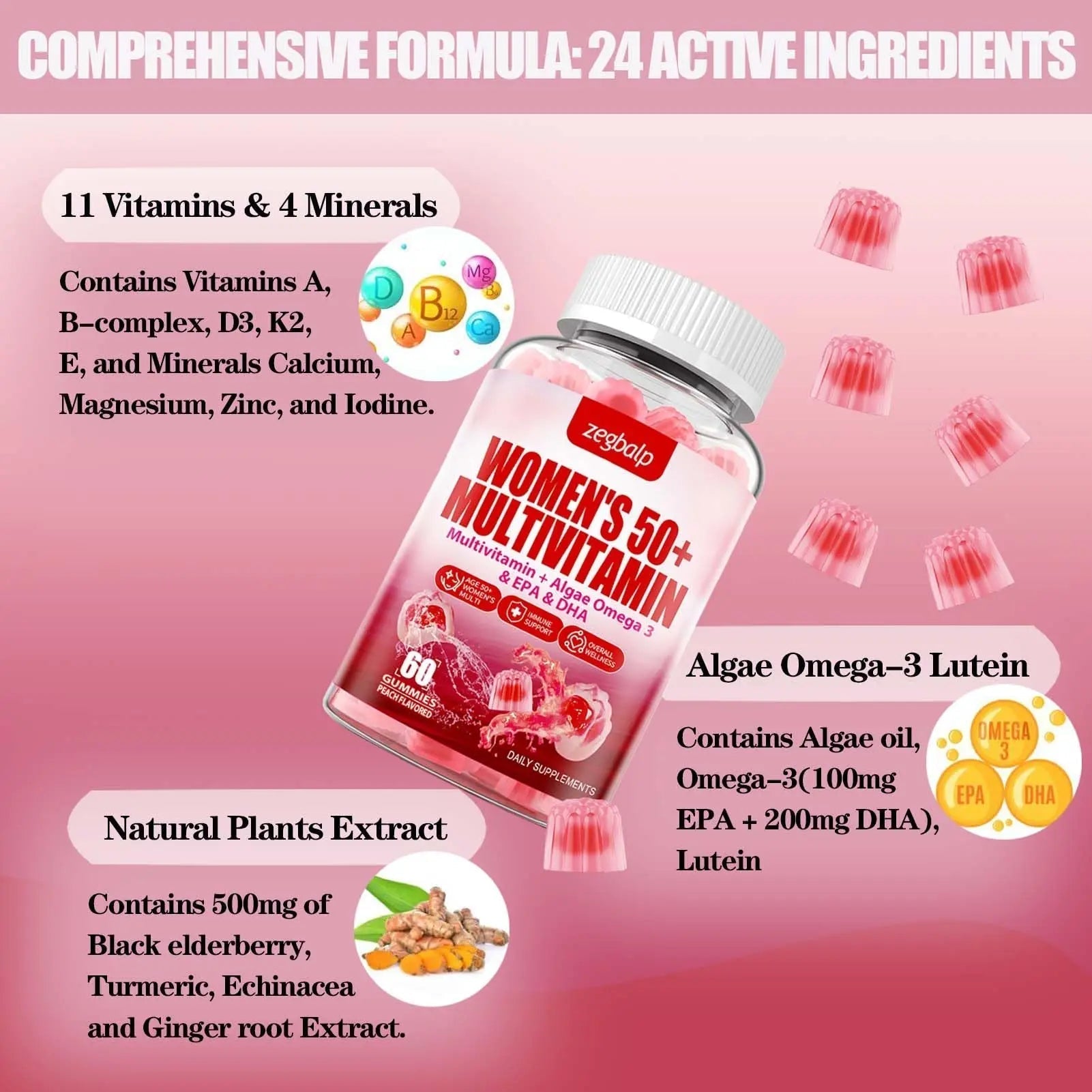 ZEGBALP Sugar-Free Womens Multivitamin 50 Plus Gummies with Calcium, Magnesium, Zinc, Vitamin A, C, D3, E, K2, B Complex, Folate, Biotin ZEGBALPAu supplements
