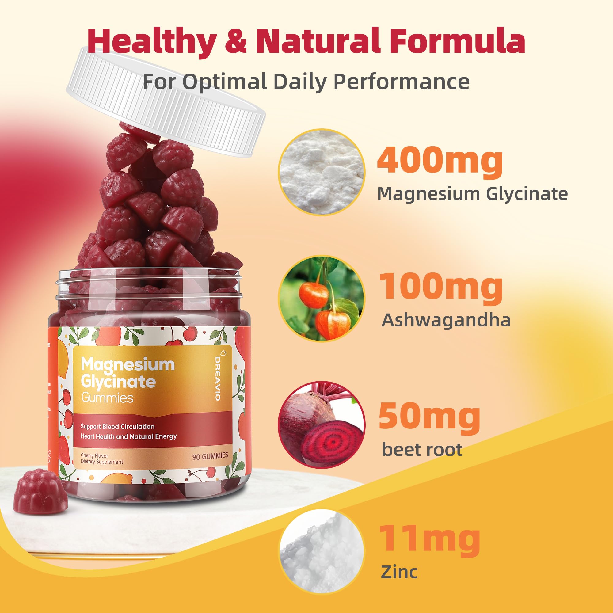 DREAVIO 90 Count Magnesium Glycinate Gummies 400mg w/Ashwagandha Supplement - Sugar Free Zinc Magnesium Glycinate Supplement Ashwagandha Gummies for Adults DREAVIOAu supplements