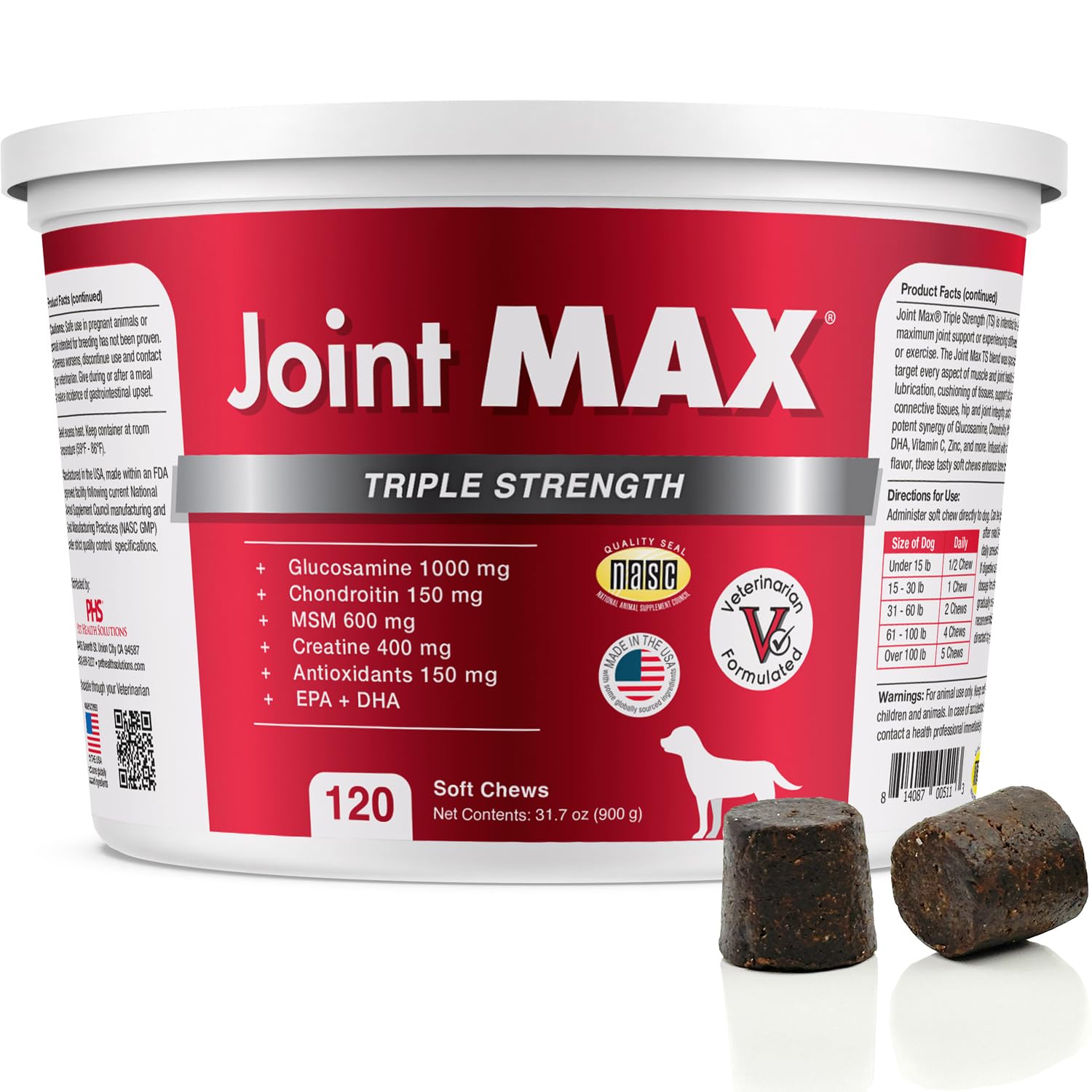 Joint Max TS Joint Supplement Vet Formulated Pain & Inflammation Relief Treats Hip Dysplasia & Arthritis, Glucosamine, Chondroitin, Turmeric, MSM, HA, Creatine, Omega 3 EPA + DHA.120 Soft Chews Joint MaxAu supplements
