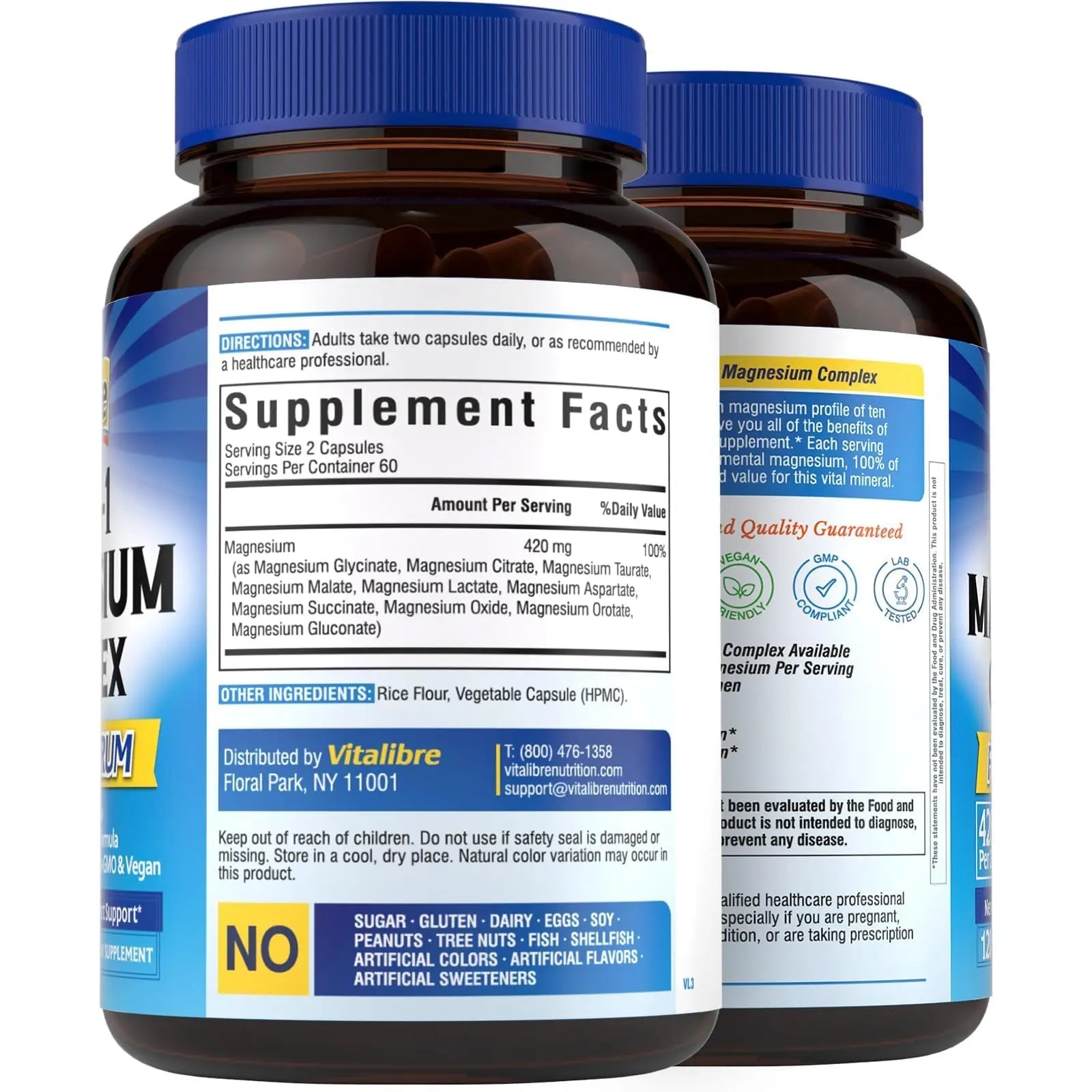 Vitalibre 10 in 1 Magnesium Complex, 420mg Elemental Magnesium | Ultra Strength, Max Absorption | Chelated Magnesium Supplement for Nerves, Bone & Heart Health | Non-GMO, 120 Vegan Capsules Vitalibrenz supplements