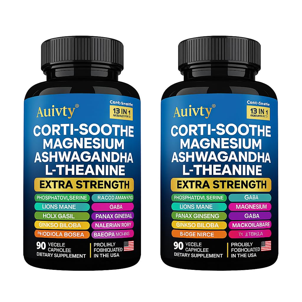 Auivty Cortisol Manager & Adrenal Support - Cortisol Reducer for Stress Relief, Calm & Sleep - 13-in-1 Adaptogen with Ashwagandha & Magnesium - 180 Capsules (2-Pack) AuivtyAu supplements
