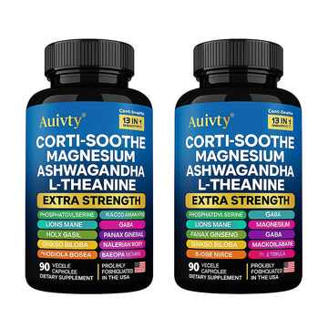 Auivty Cortisol Manager & Adrenal Support - Cortisol Reducer for Stress Relief, Calm & Sleep - 13-in-1 Adaptogen with Ashwagandha & Magnesium - 180 Capsules (2-Pack) AuivtyAu supplements