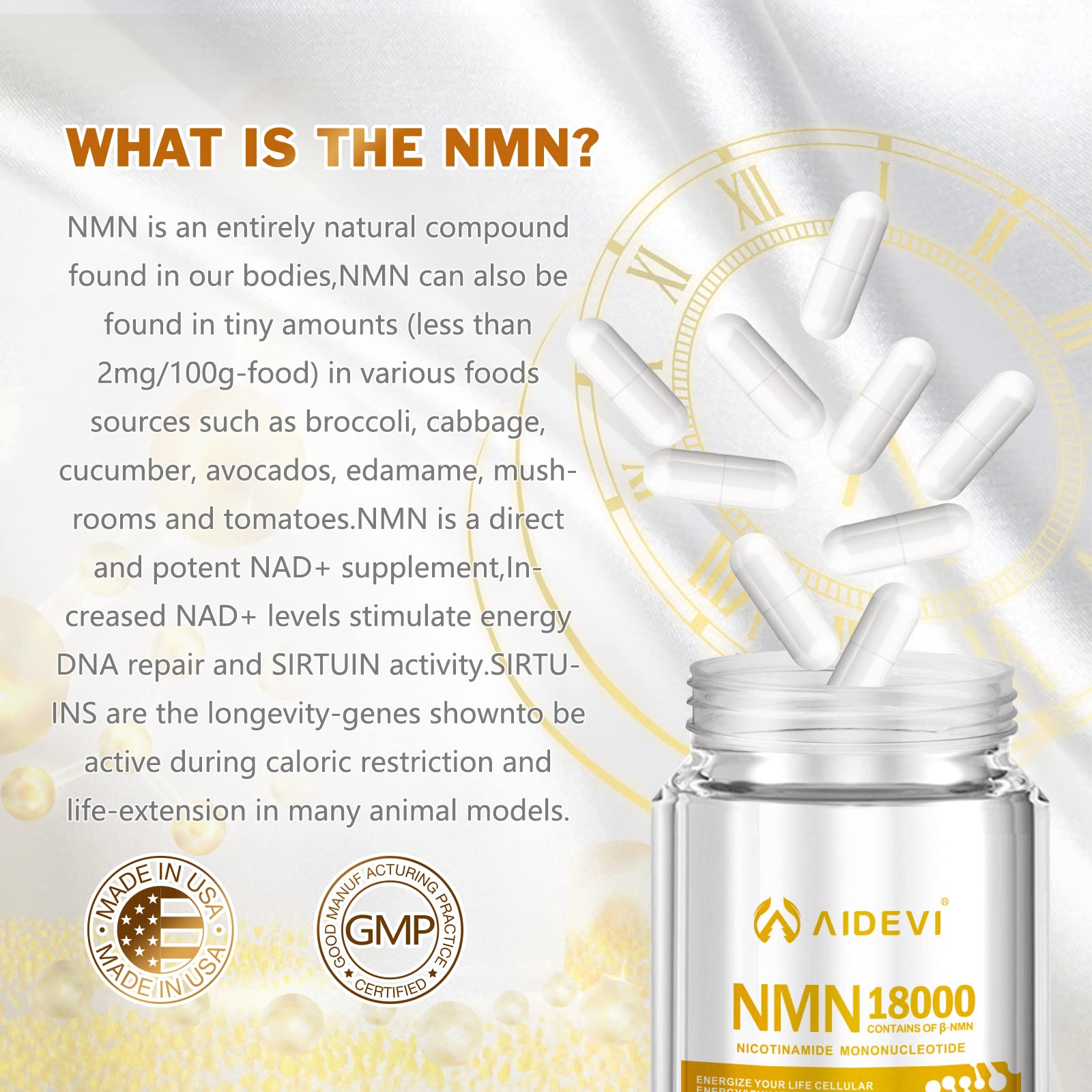 AIDEVI NMN 18000 - Nicotinamide Mononucleotide Supplement with Resveratrol, Stabilized Form & 99% High Purity to Boost NAD+ Levels for DNA Repair Supplement, for Healthy Aging, 60 Capsules AIDEVIAu supplements
