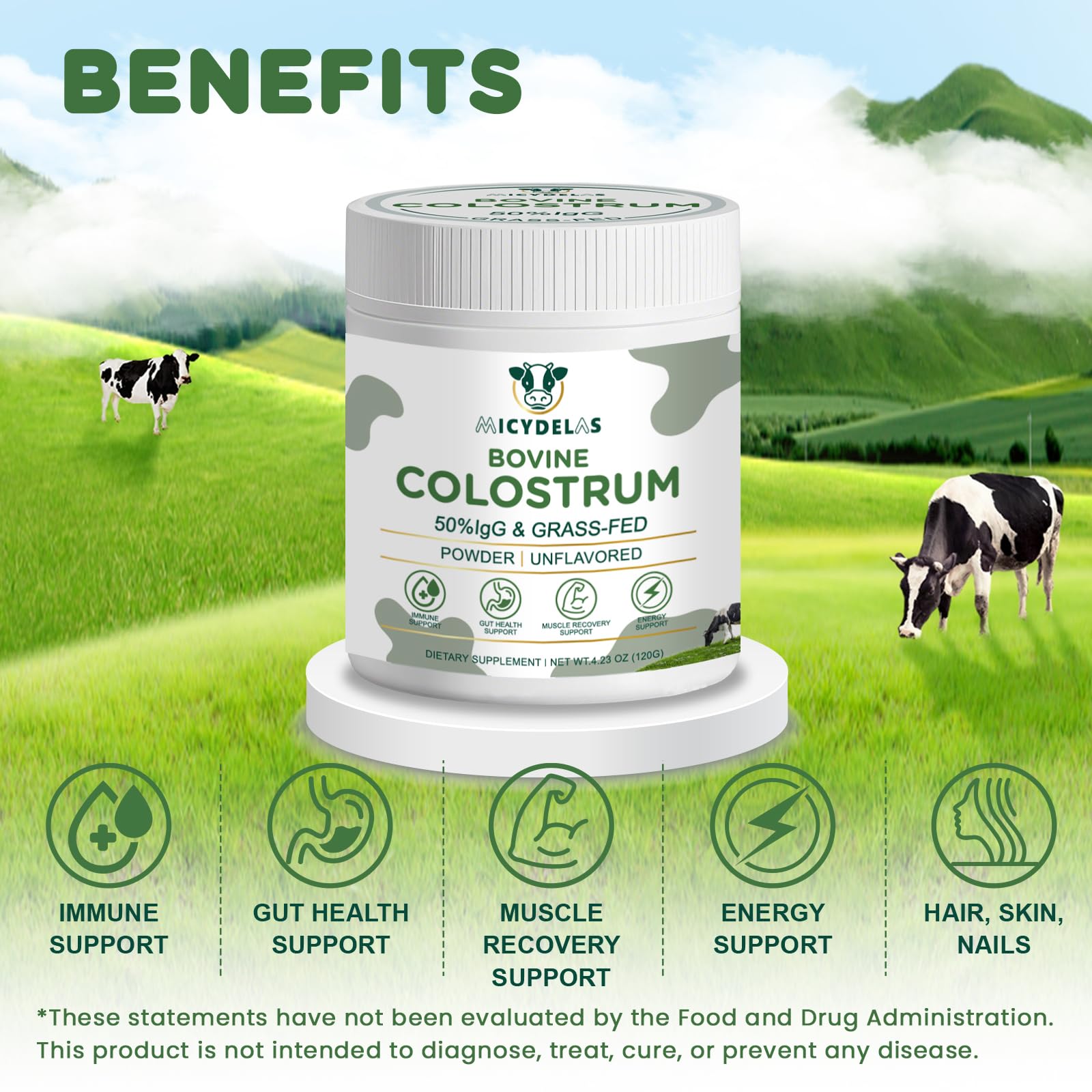 MICYDELAS Bovine Colostrum Supplement Powder 50% IgG Premium Bovine Colostrum for Gut Health Support, Immune Support, Muscle Recovery & Overall Wellness, Grass Fed, Non-GMO, Unflavored, 60 Servings MICYDELASAu supplements